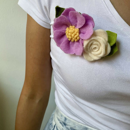 Lilac flower with cream rose brooch