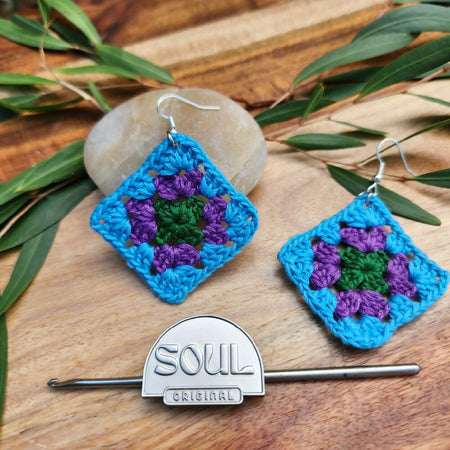 Crochet Earrings - Granny Square - Forest, Lavender & Sky