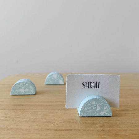 Sage green terrazzo event name card holder