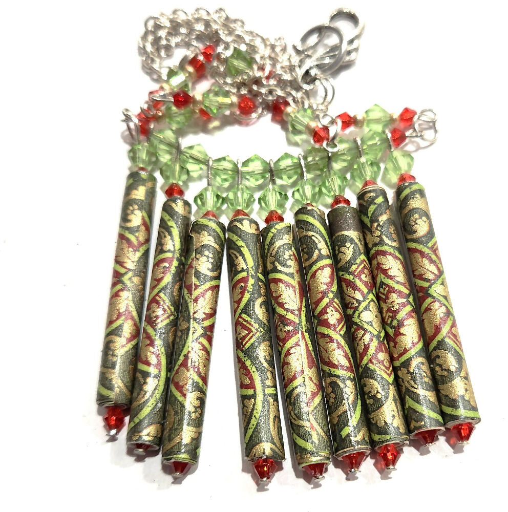 Beaded necklace. Paper bead and crystal Necklace. Red and green.