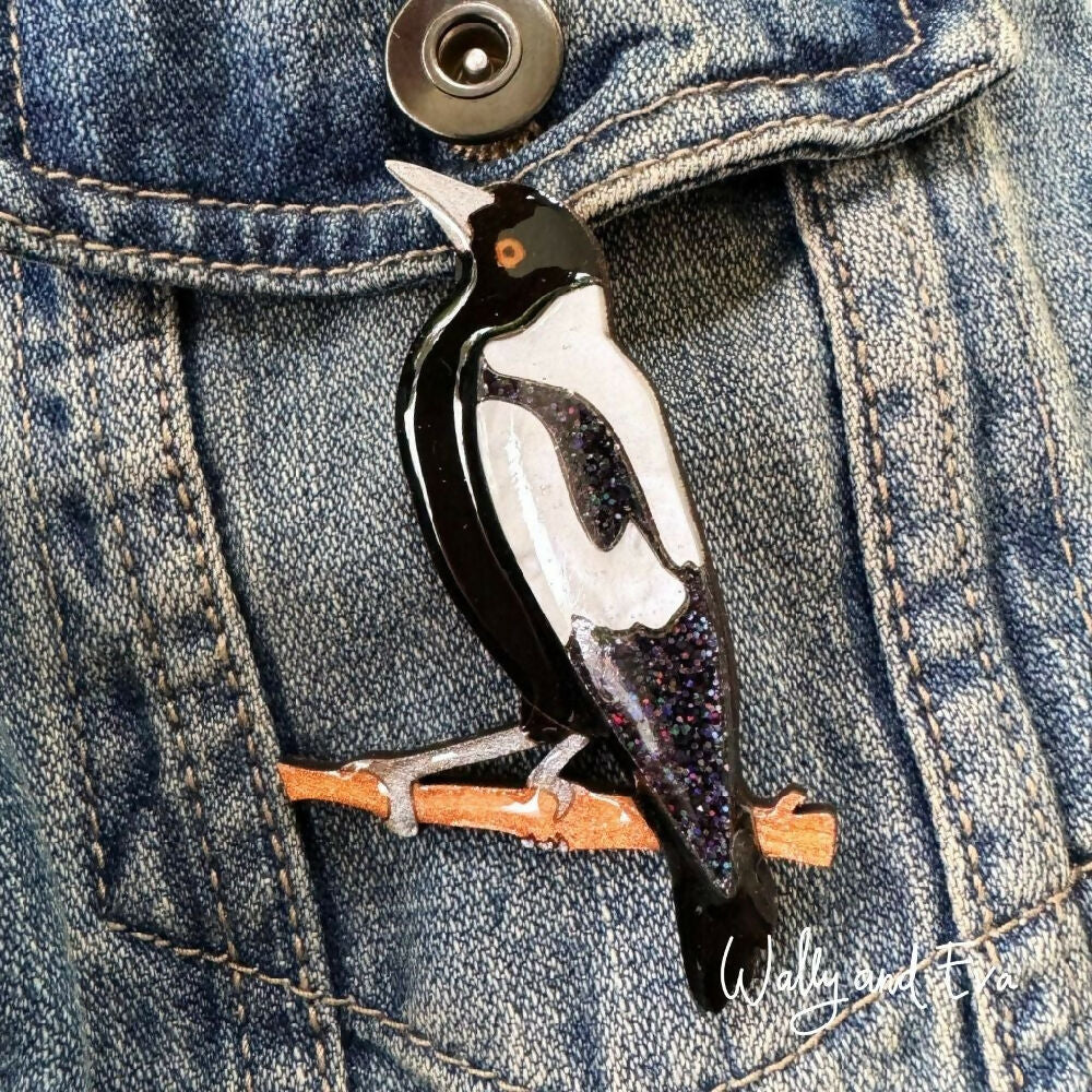 hand-painted-australian-magpie-resin-wood-brooch-on-denim