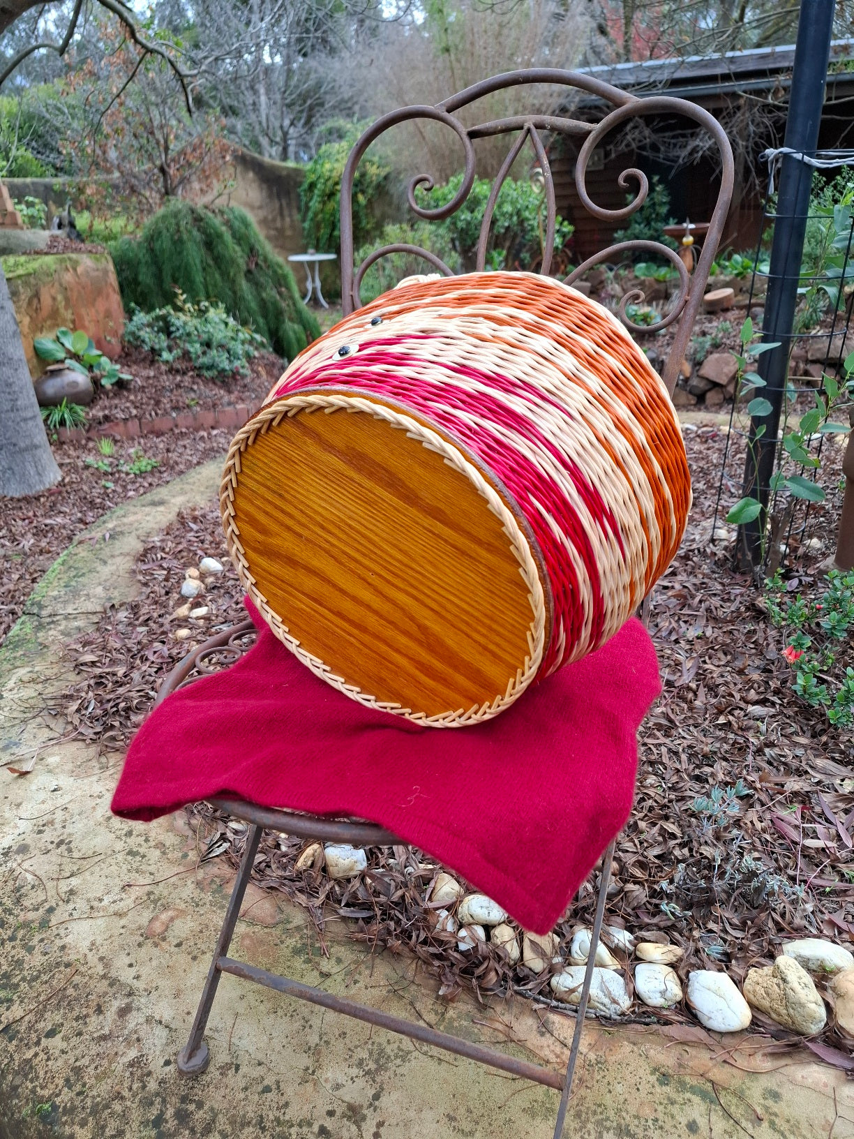 Large Round Market Basket orange red and natural.