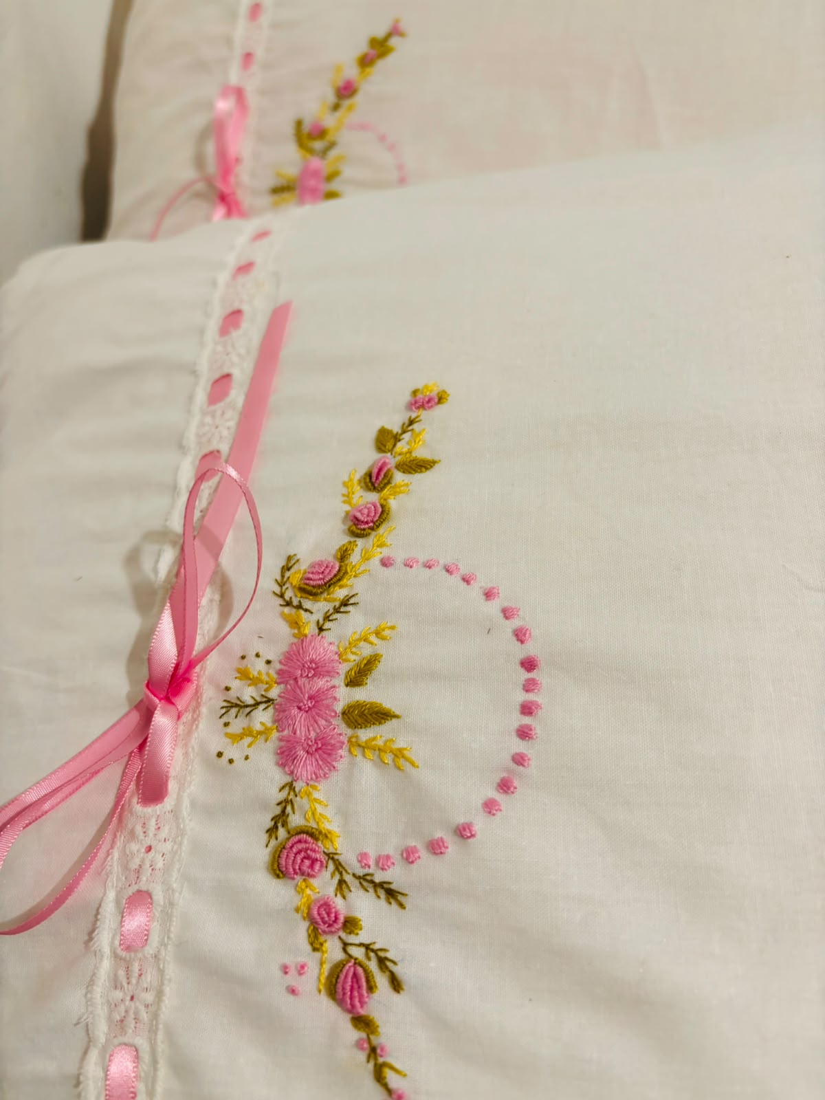 Set of 2 Standard Size Floral Embroidered Pillow Cases