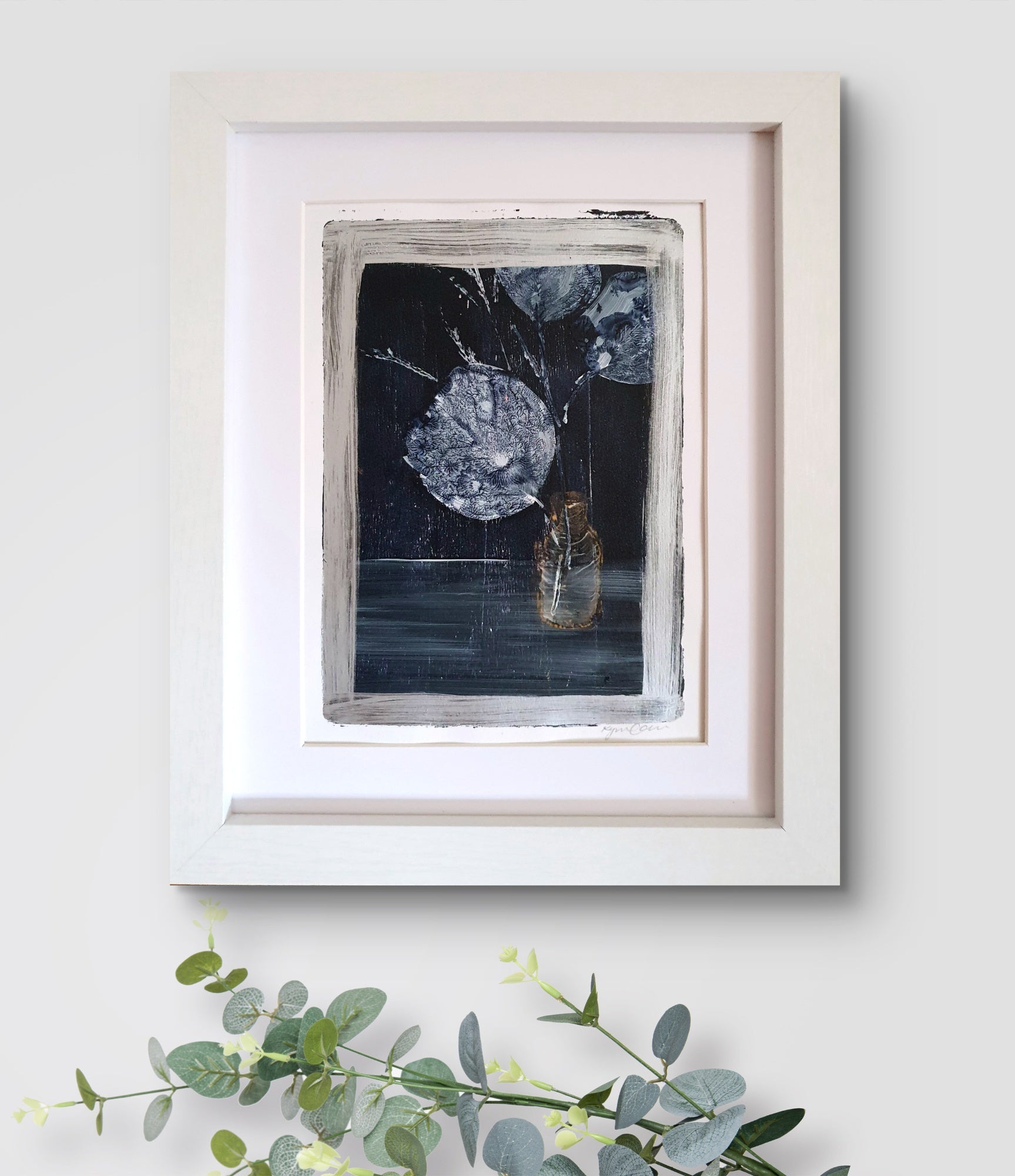 Leaves in vase, 3 | Acrylic monoprint on paper | Original framed artwork | A5