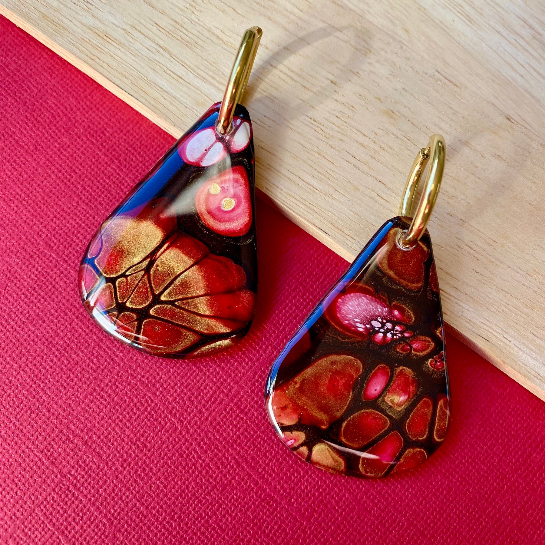 Burgundy and Gold Original Abstract Art Earrings