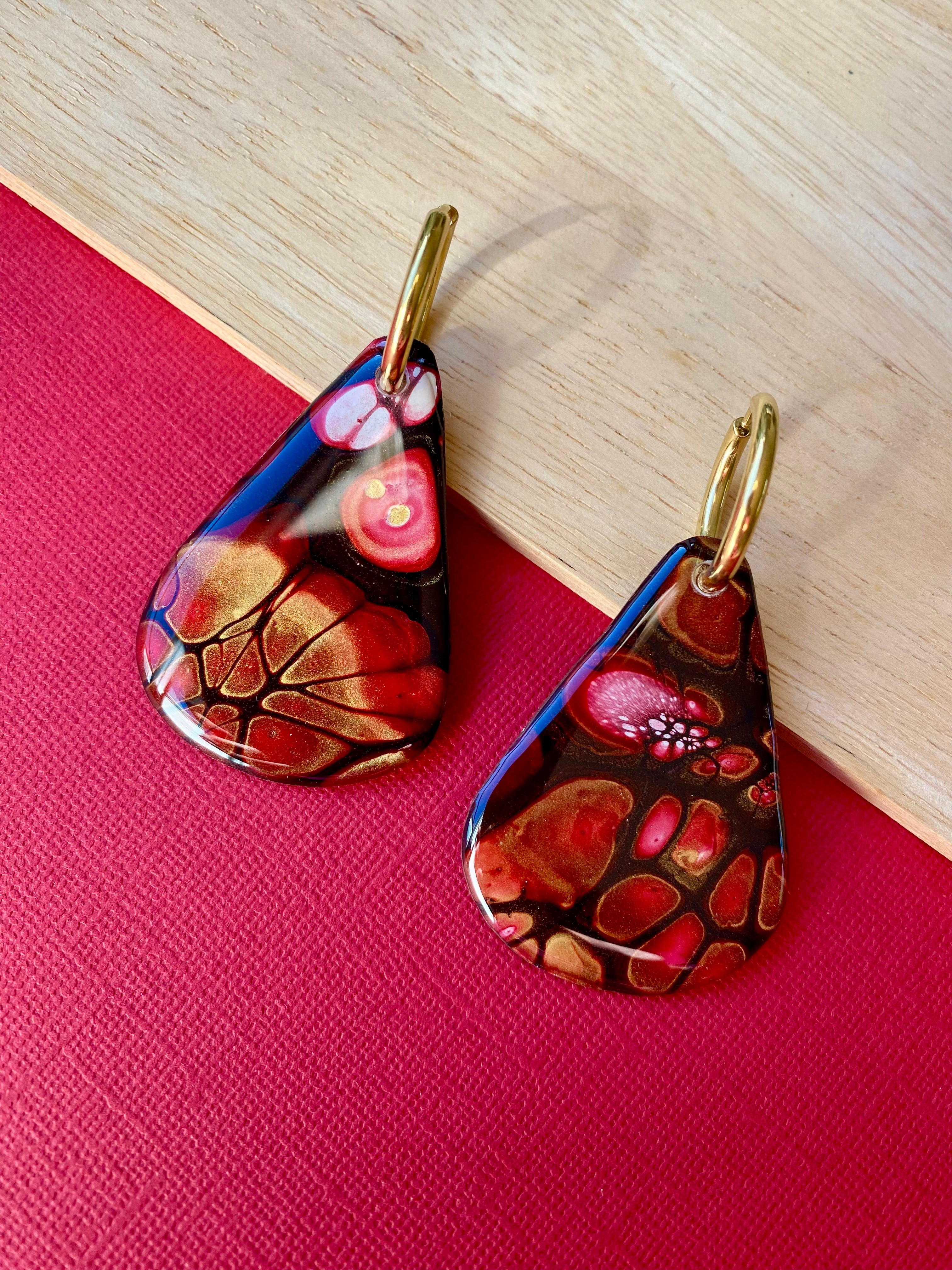 Burgundy and Gold Original Abstract Art Earrings