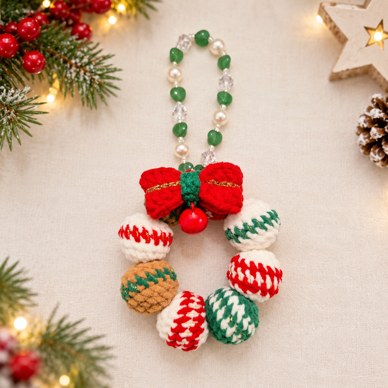 Crochet Christmas Wreath Ornament with bead Bracelet