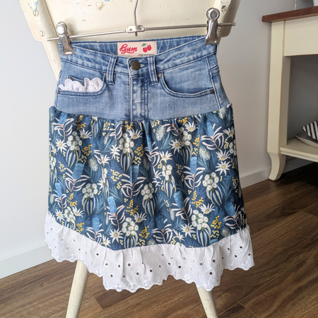 Girls Skirt Upcycled Denim Flannel Flower Size 8
