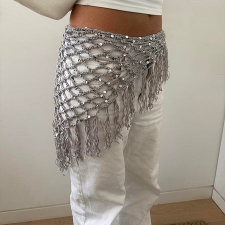 Light Grey Sequin Crochet Hip Scarf with Fringe