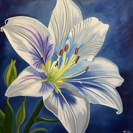 Original Oil Painting - Hand Painted - White and Blue Lilly