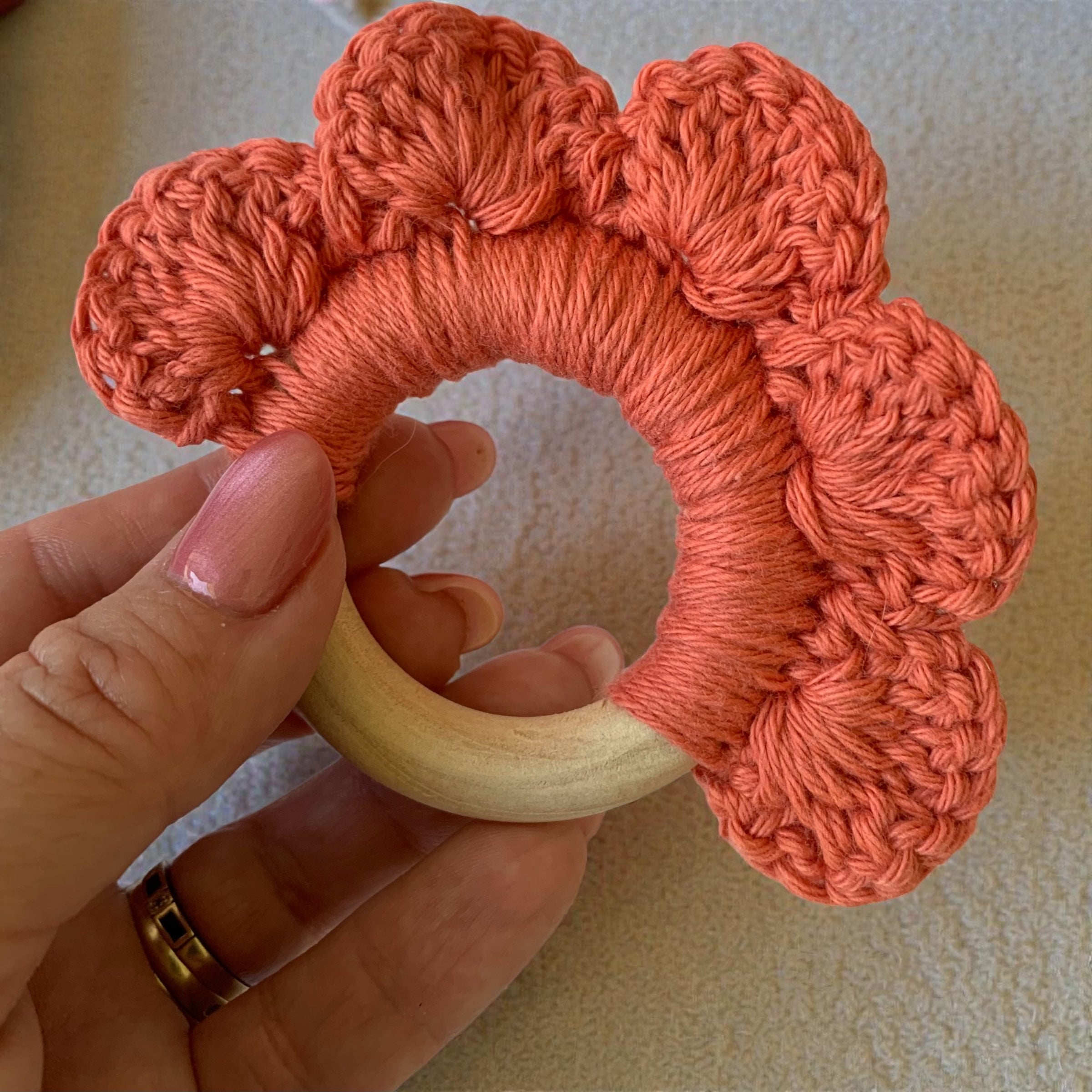 Crochet Wooden Teething Ring – Handmade Baby Teether – Natural Wood & Soft Yarn – Baby Shower Gift