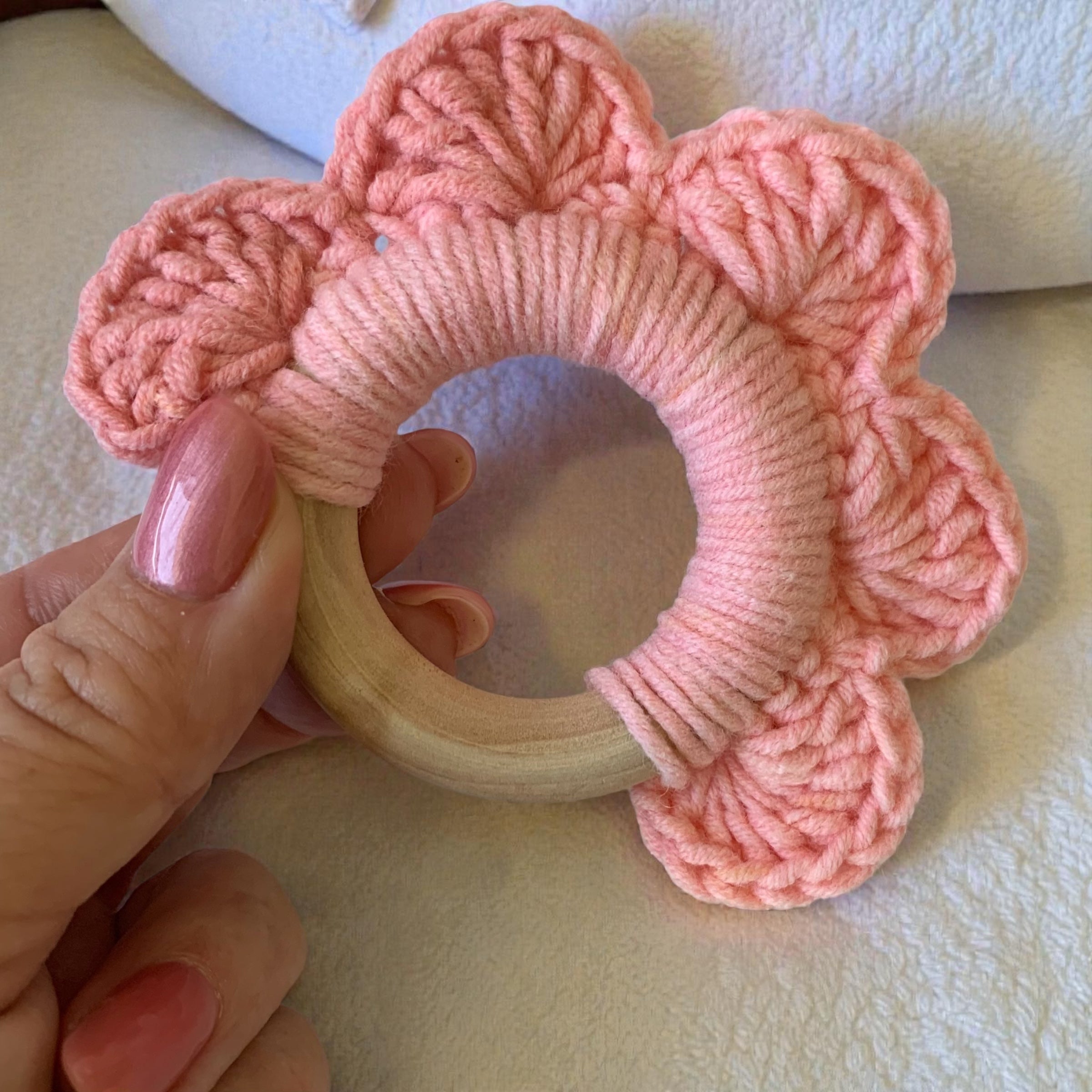 Crochet Wooden Teething Ring – Handmade Baby Teether – Natural Wood & Soft Yarn – Baby Shower Gift
