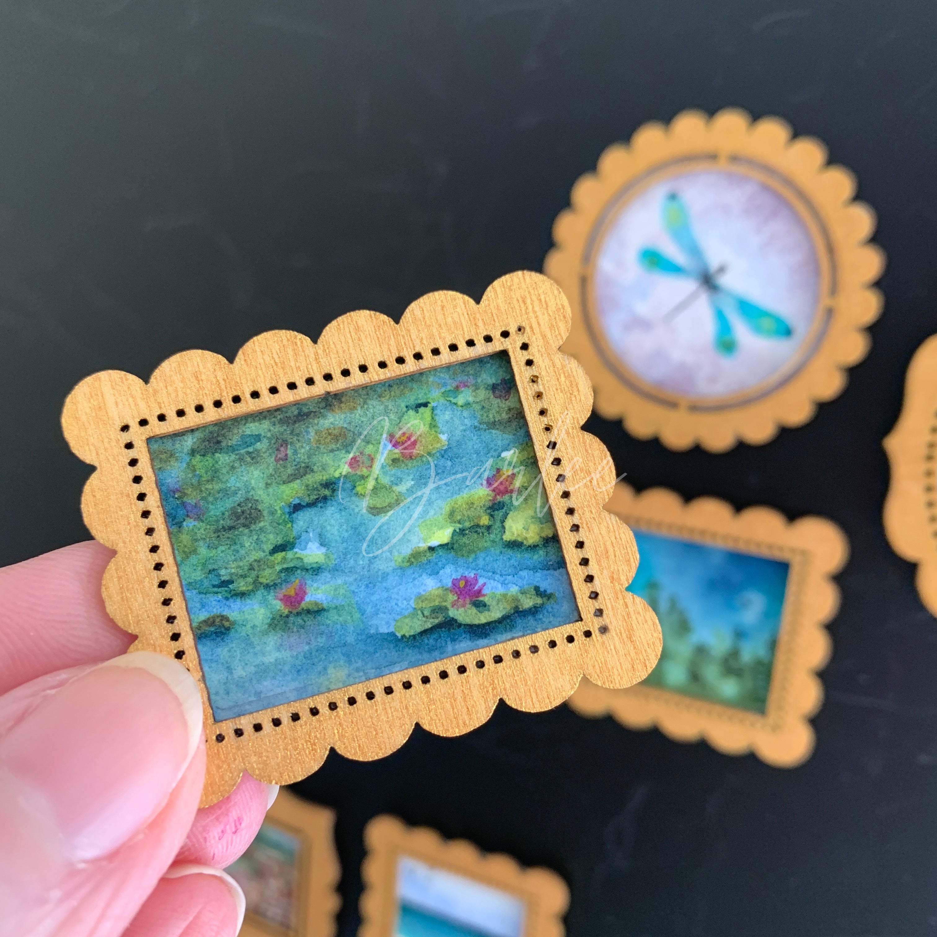 Hand Painted Fridge Magnet Set - 5 Framed Mini Paintings