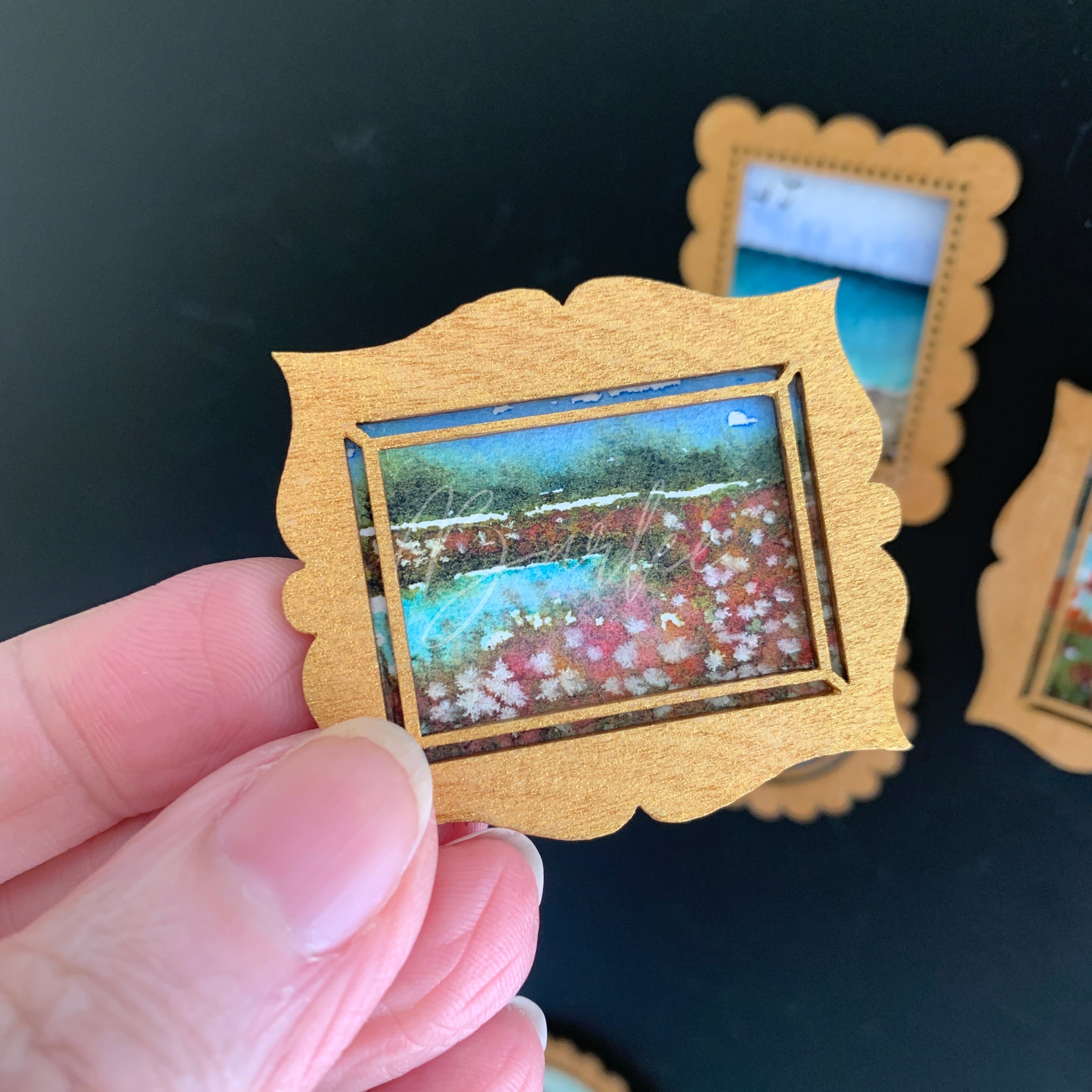 Hand Painted Fridge Magnet Set - 5 Framed Mini Paintings