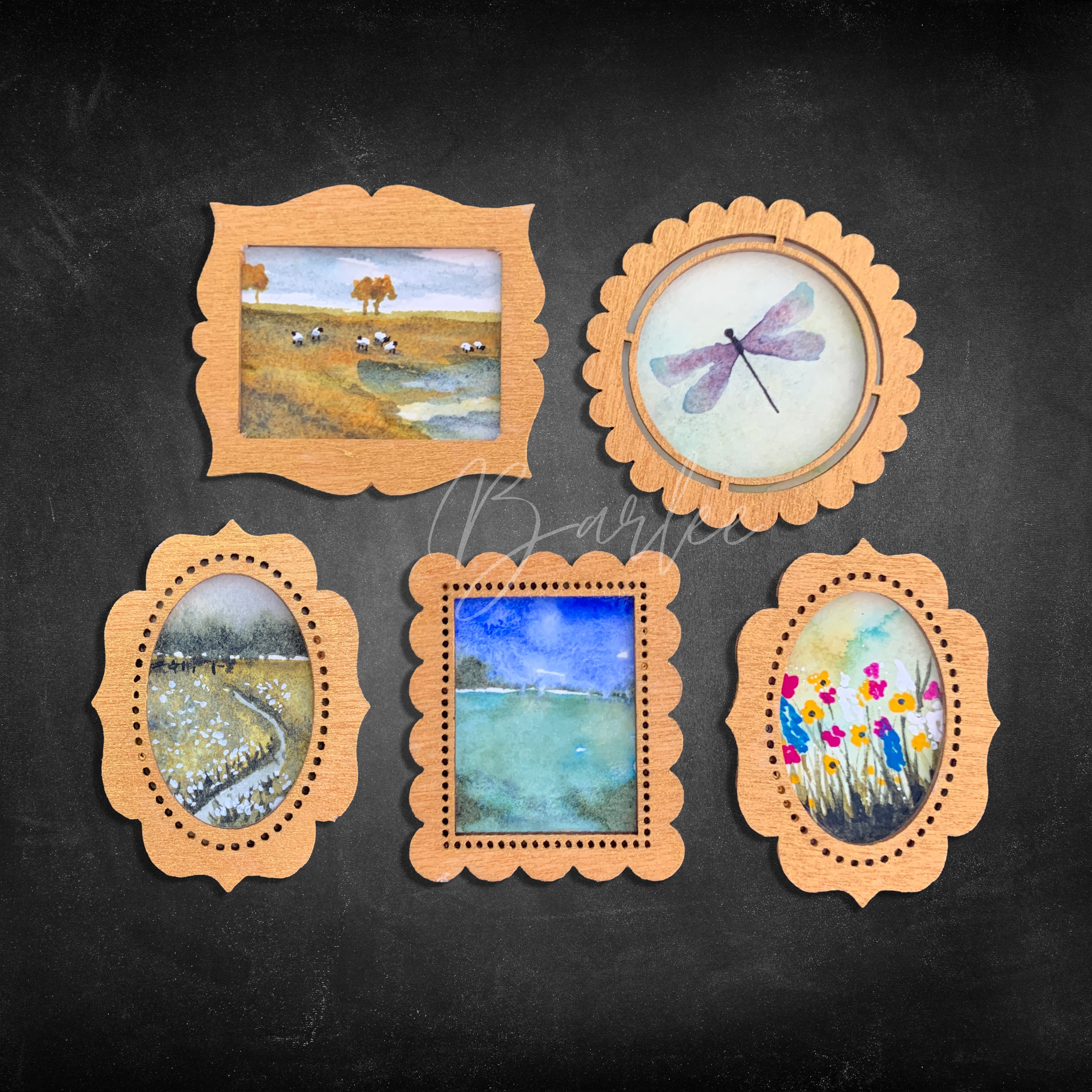 Hand Painted Fridge Magnet Set - 5 Framed Mini Paintings