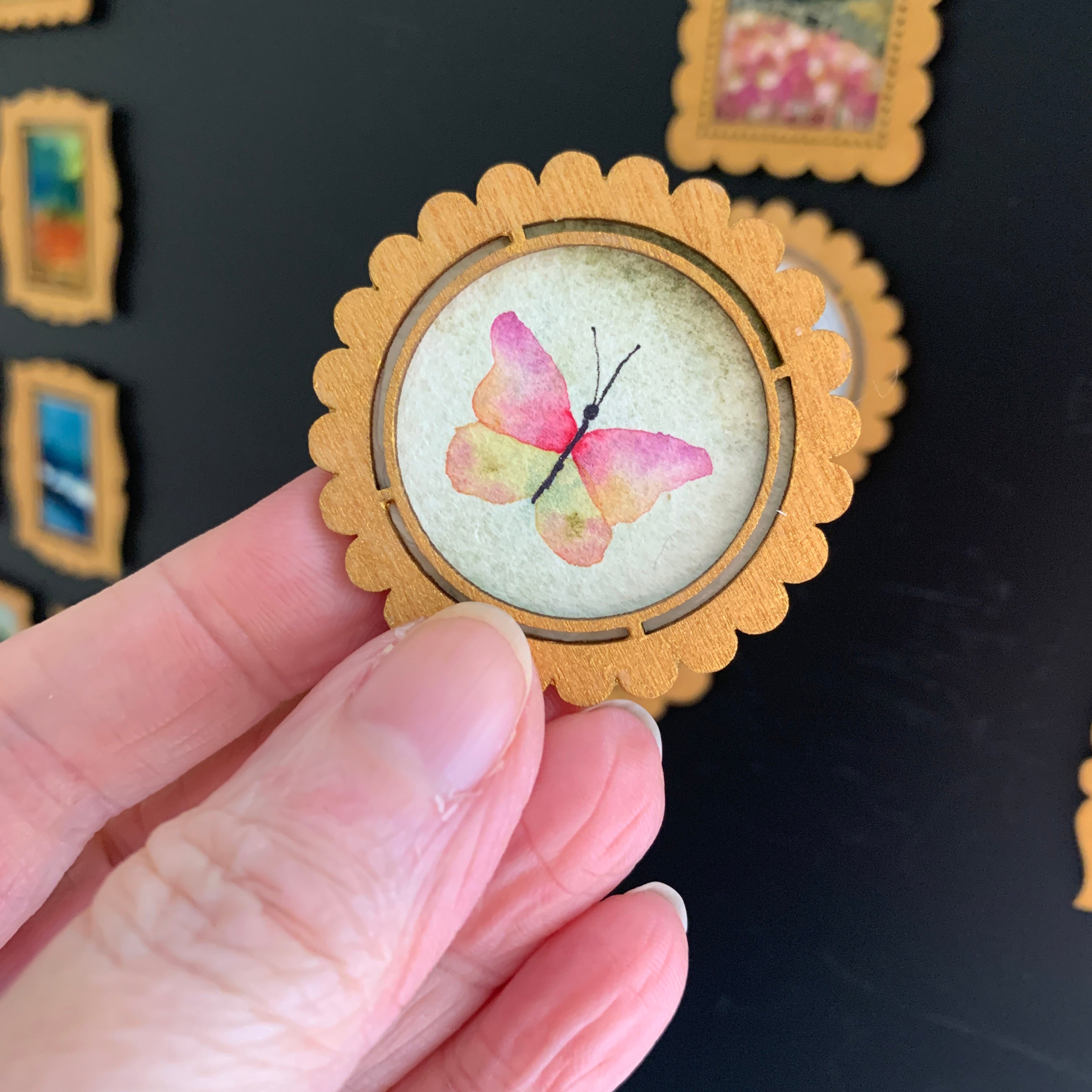 Hand Painted Fridge Magnet Set - 5 Framed Mini Paintings