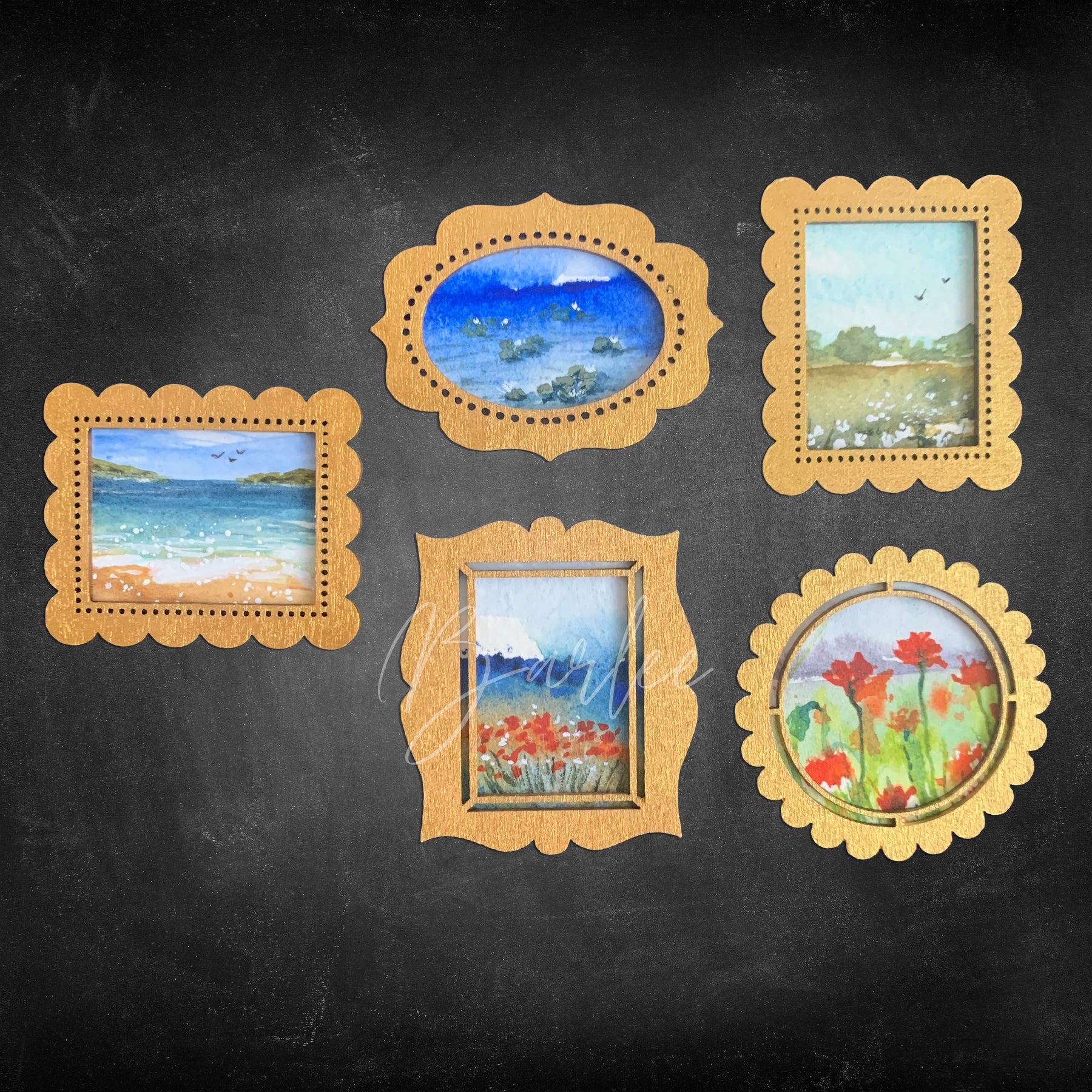 Hand Painted Fridge Magnet Set - 5 Framed Mini Paintings