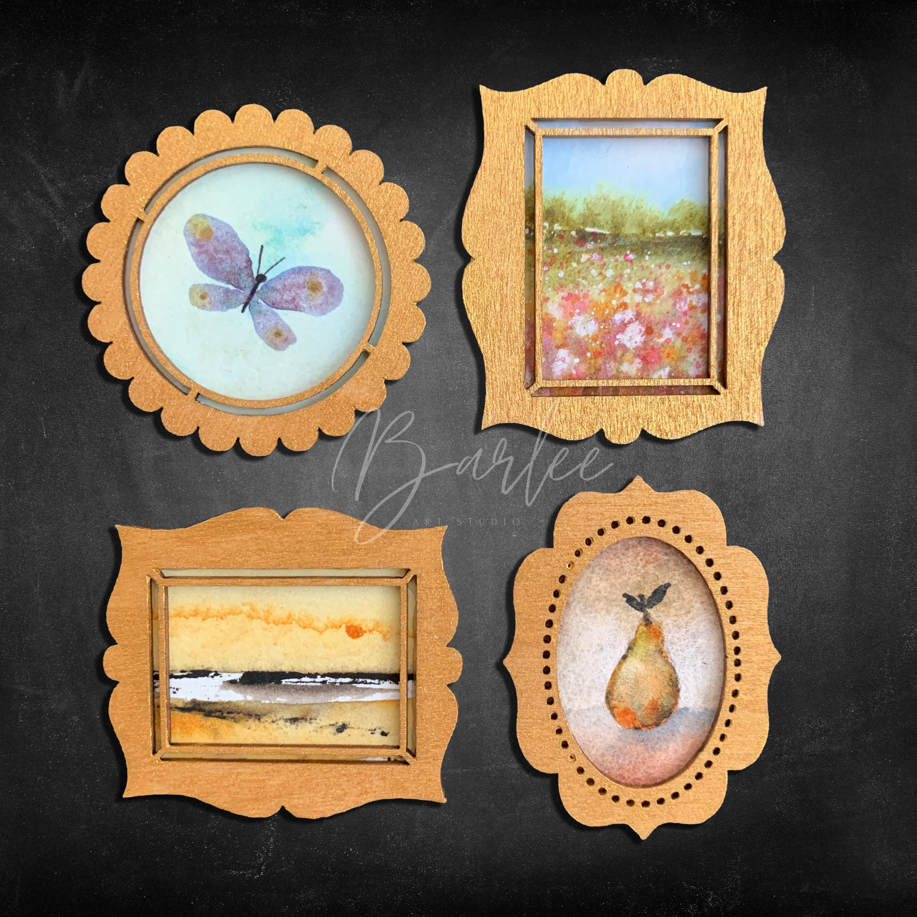 Hand Painted Fridge Magnet Set - 4 Framed Mini Paintings