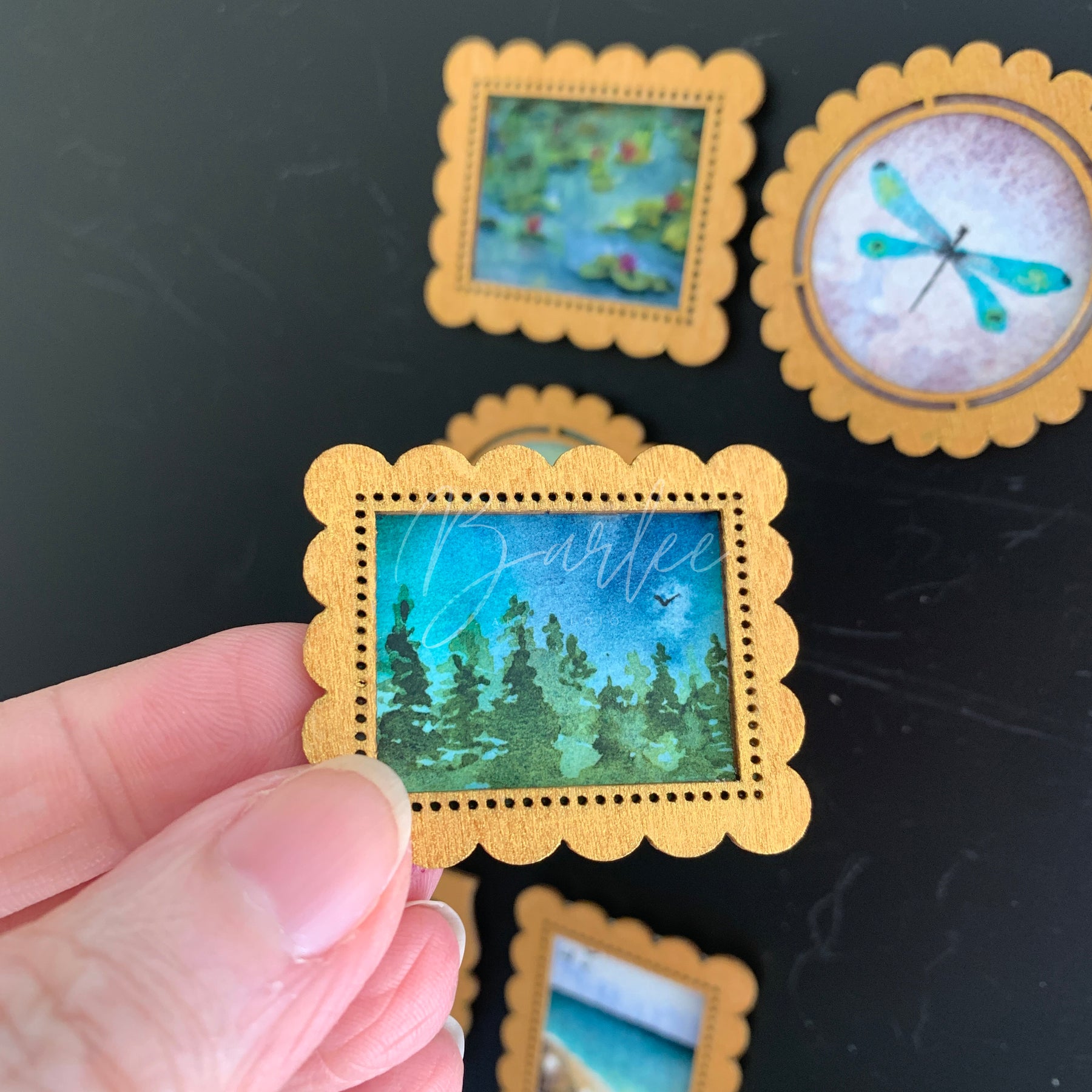 Hand Painted Fridge Magnet Set - 5 Framed Mini Paintings