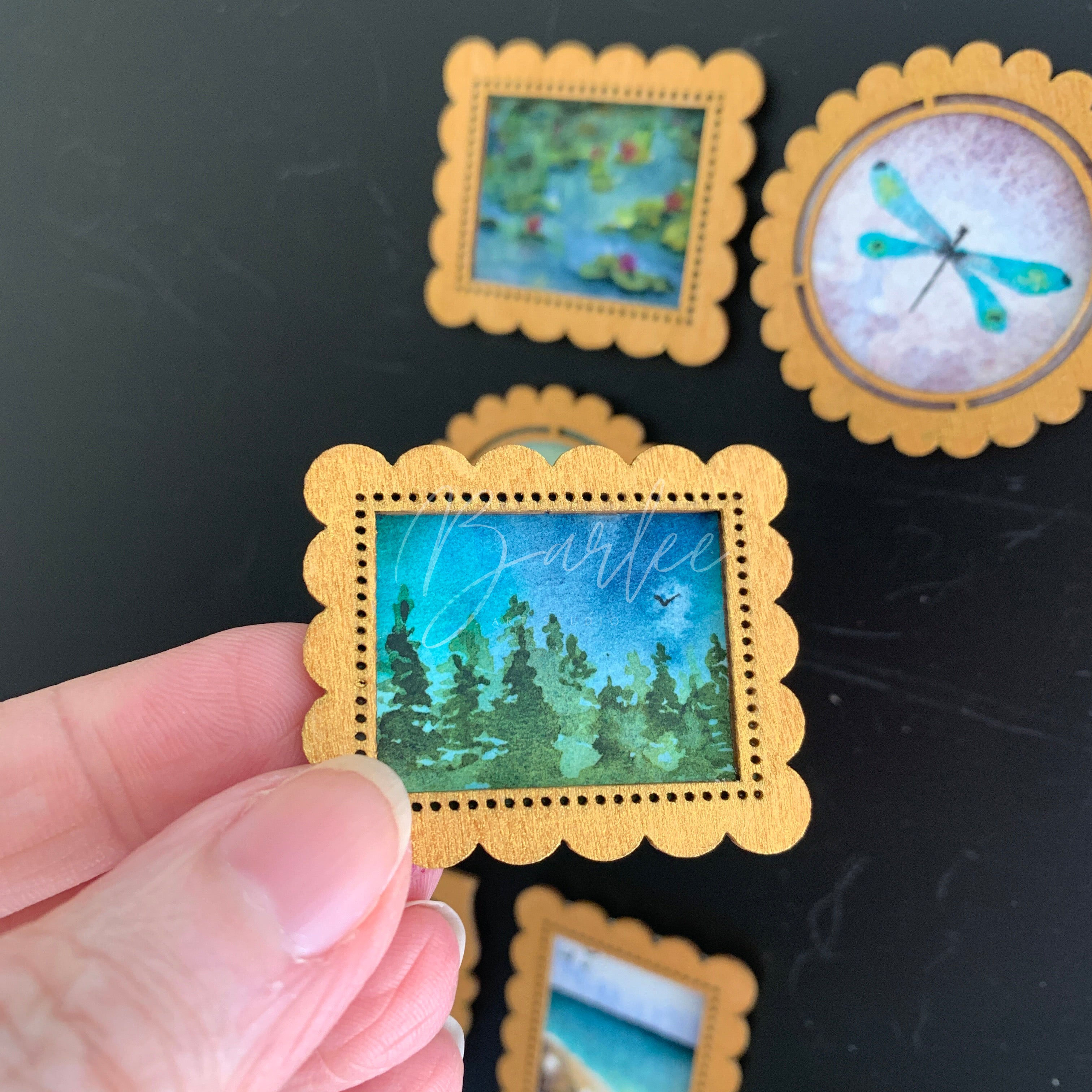 Hand Painted Fridge Magnet Set - 5 Framed Mini Paintings