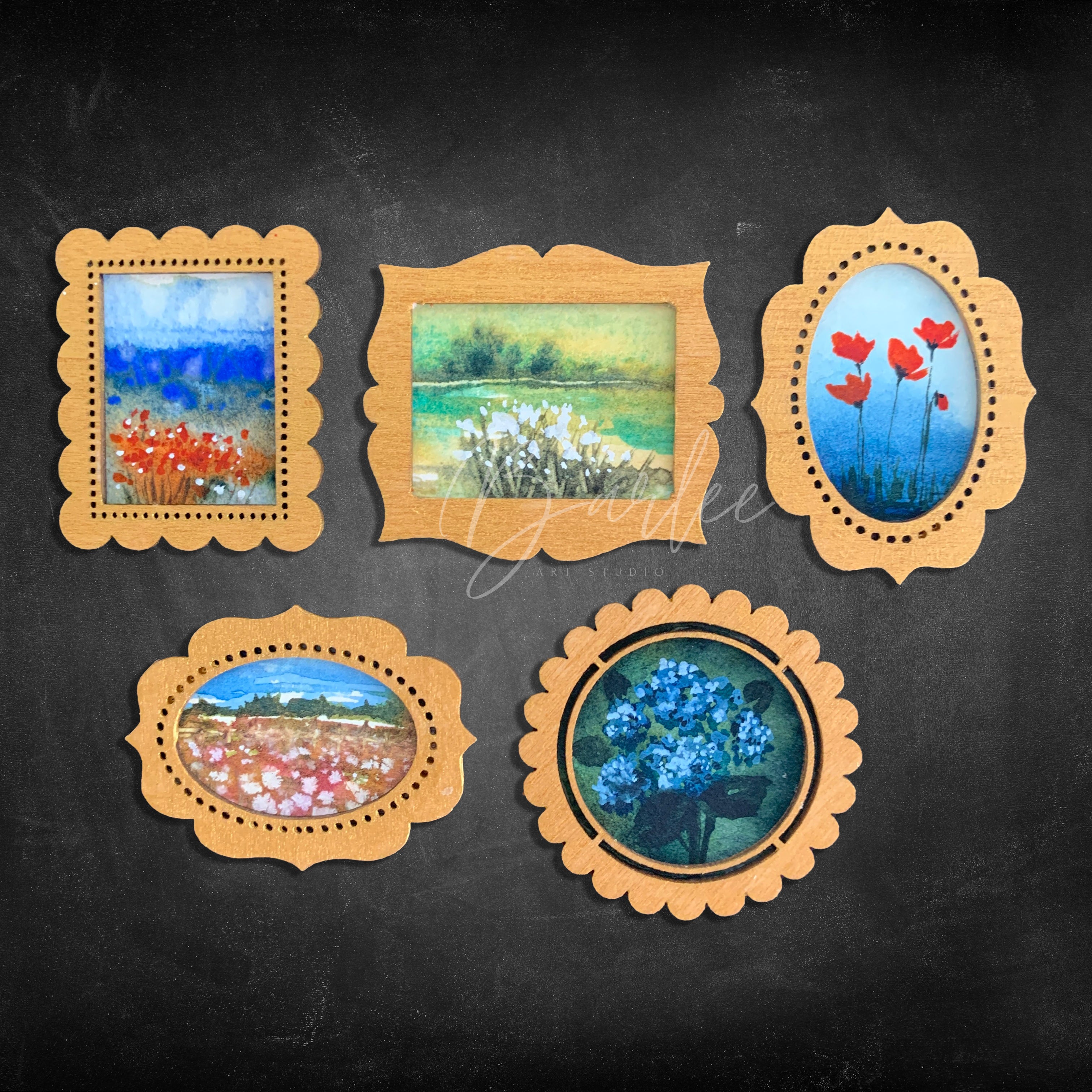 Hand Painted Fridge Magnet Set - 5 Framed Mini Paintings