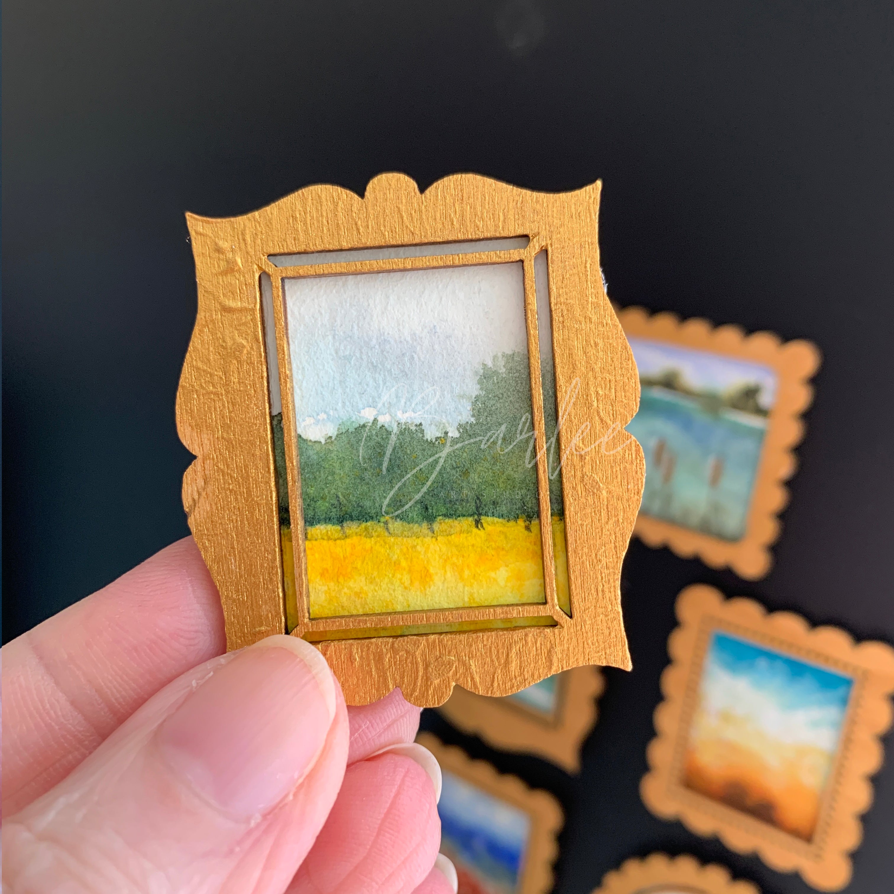 Hand Painted Fridge Magnet Set - 5 Framed Mini Paintings