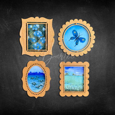Hand Painted Fridge Magnet Set - 4 Framed Mini Paintings