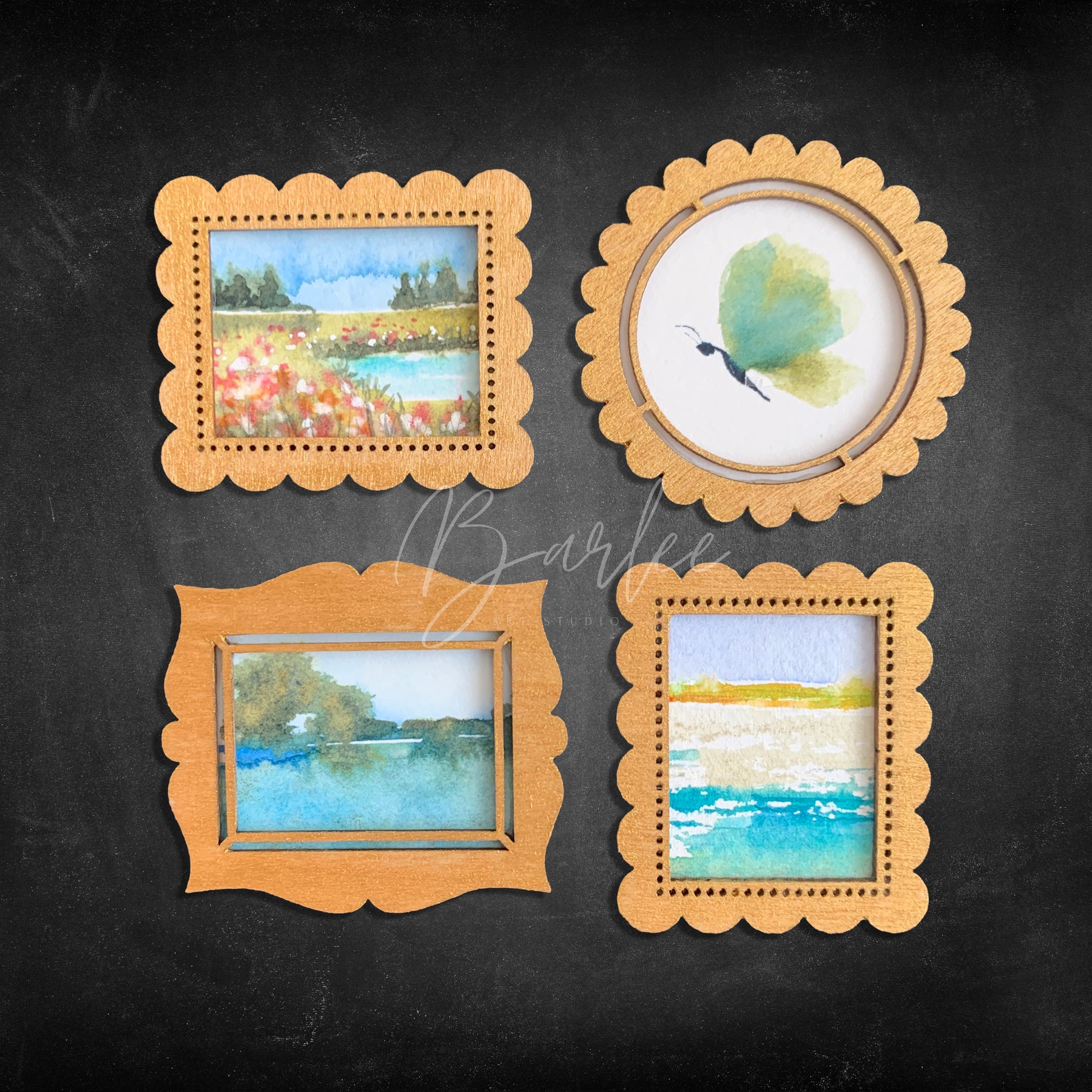 Hand Painted Fridge Magnet Set - 4 Framed Mini Paintings