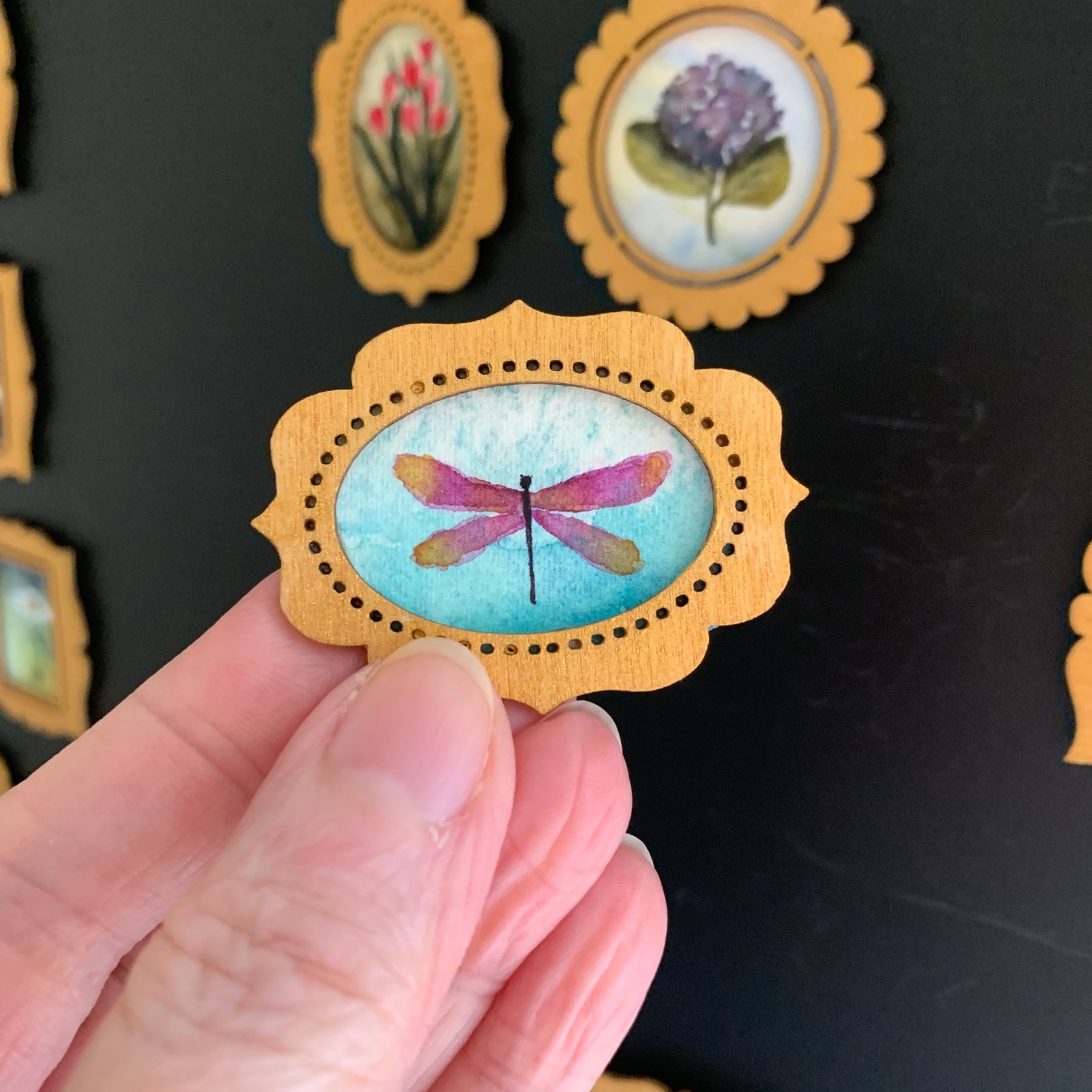 Hand Painted Fridge Magnet Set - 5 Framed Mini Paintings