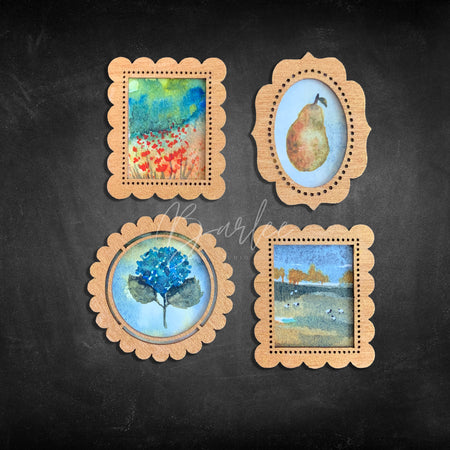 SOLD - Original Hand Painted Fridge Magnet Set - 4 Framed Mini Paintings