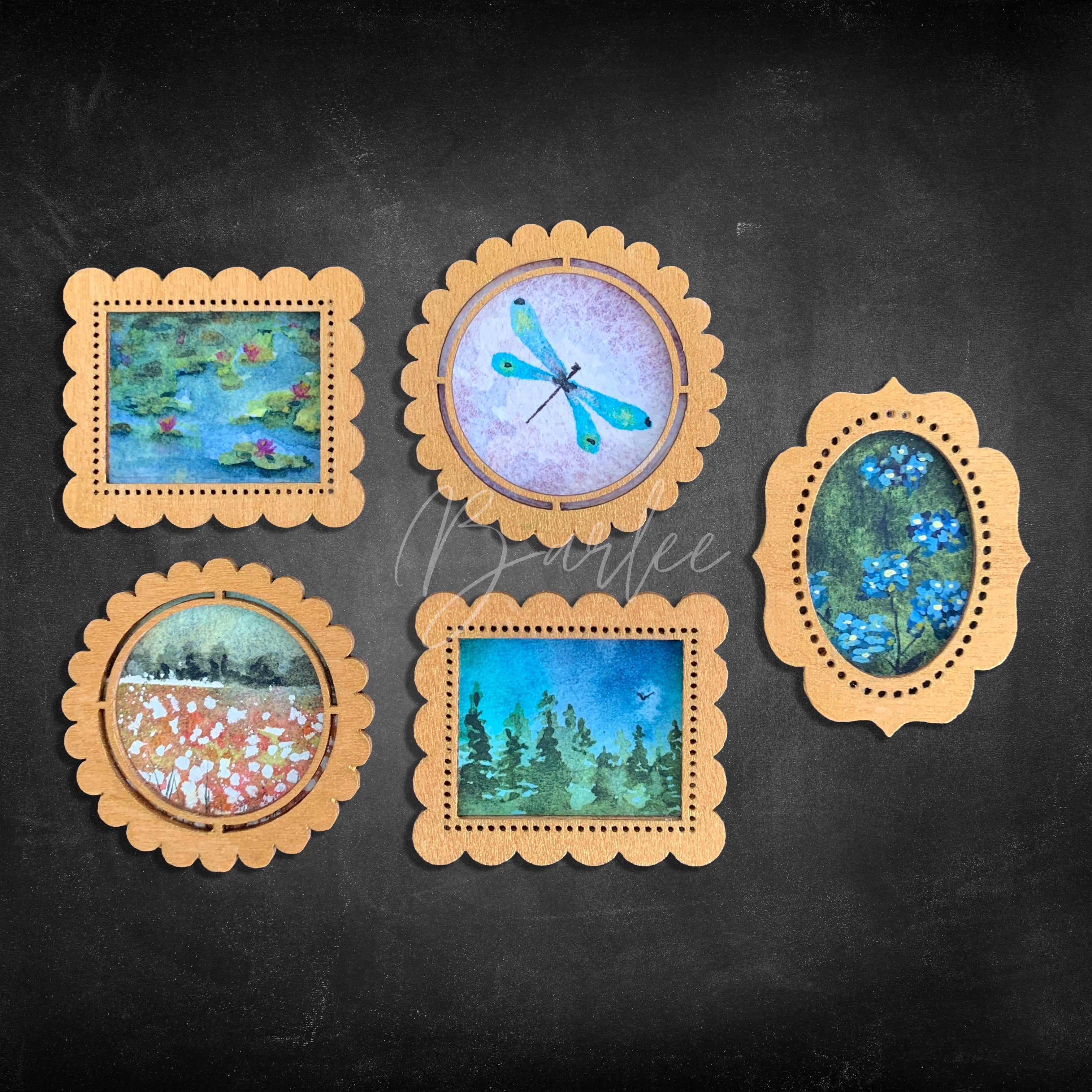 Hand Painted Fridge Magnet Set - 5 Framed Mini Paintings