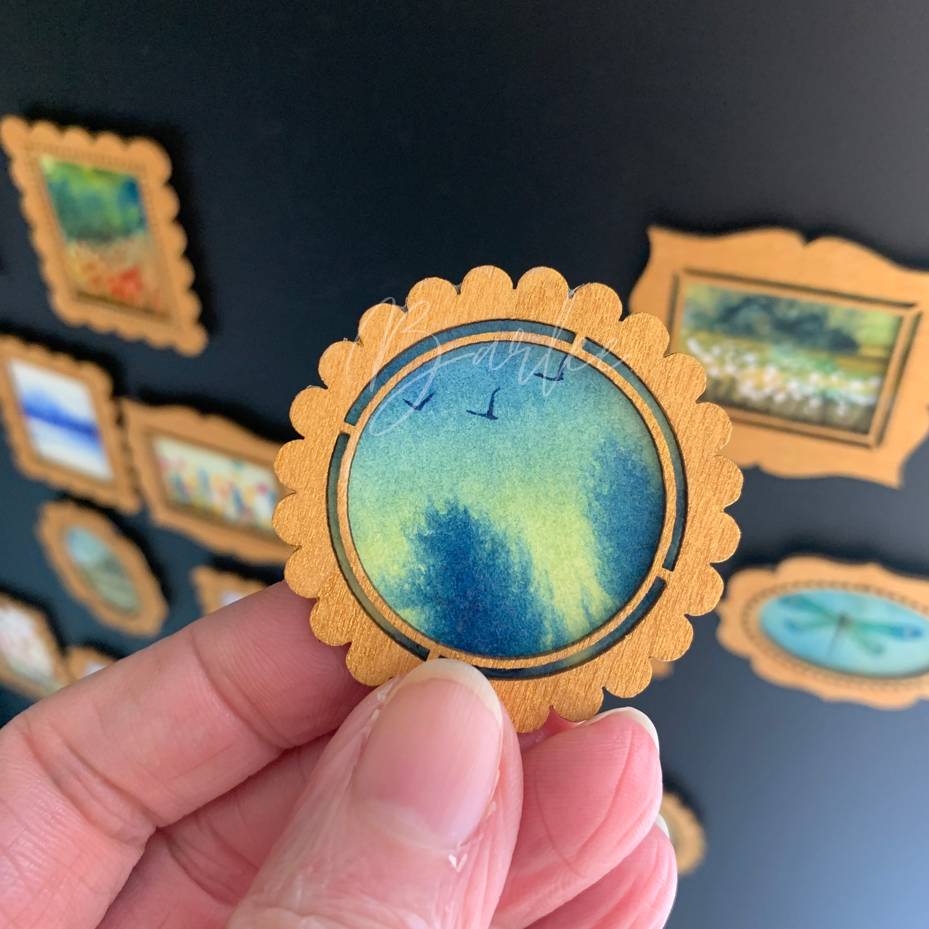 Hand Painted Fridge Magnet Set - 5 Framed Mini Paintings