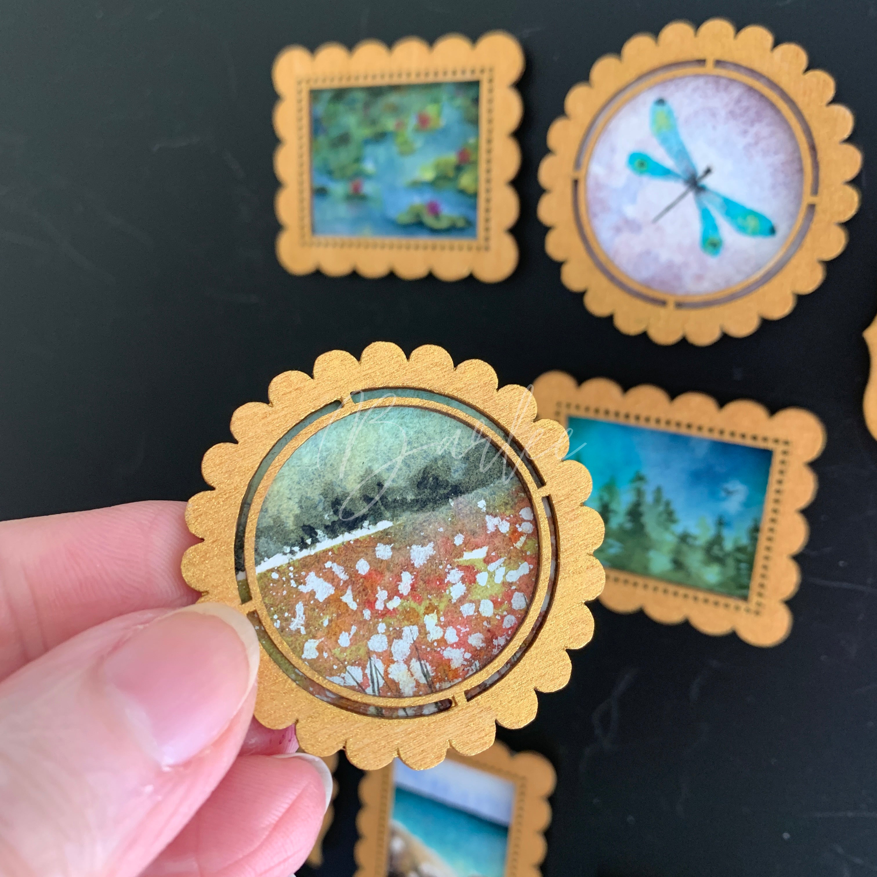 Hand Painted Fridge Magnet Set - 5 Framed Mini Paintings