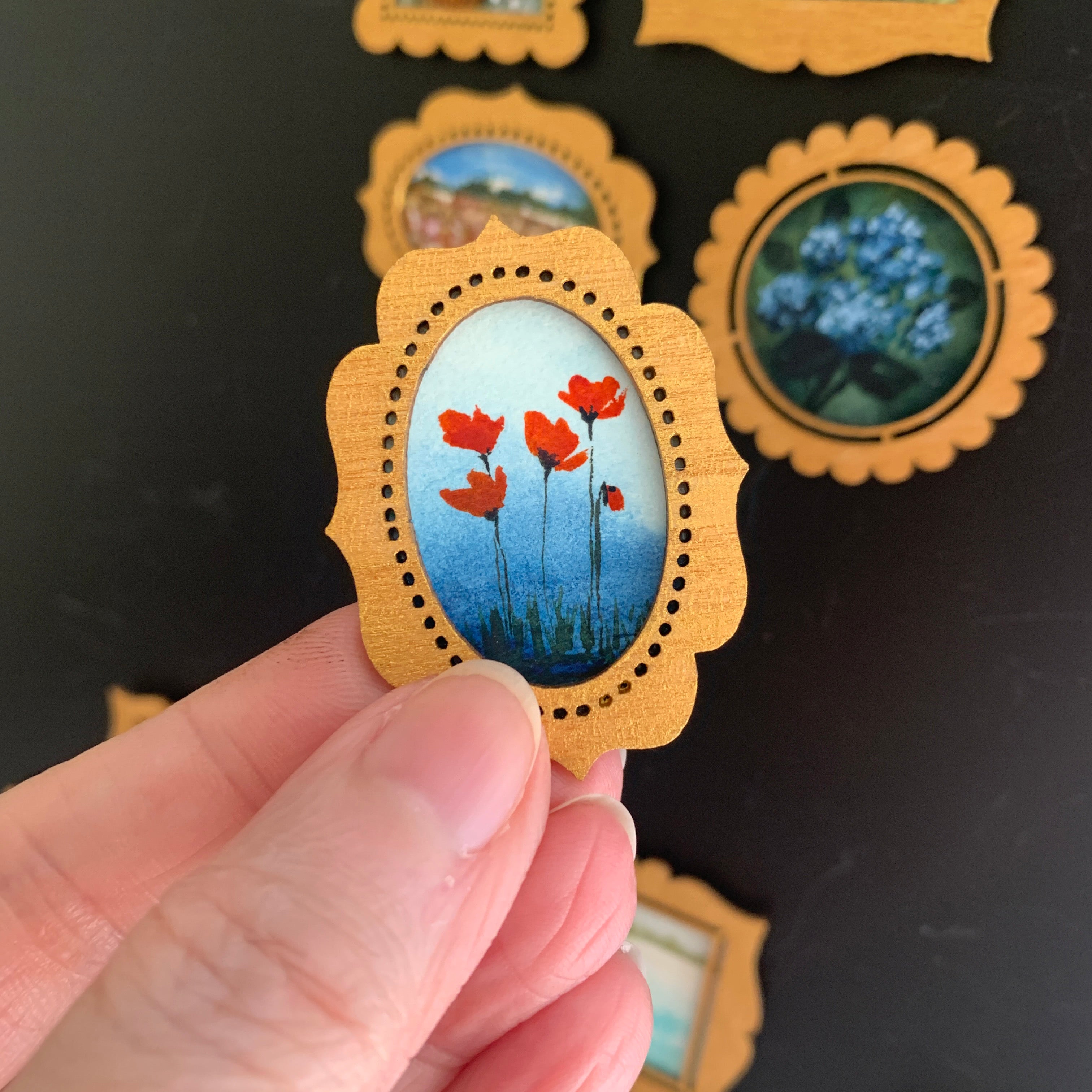 Hand Painted Fridge Magnet Set - 5 Framed Mini Paintings