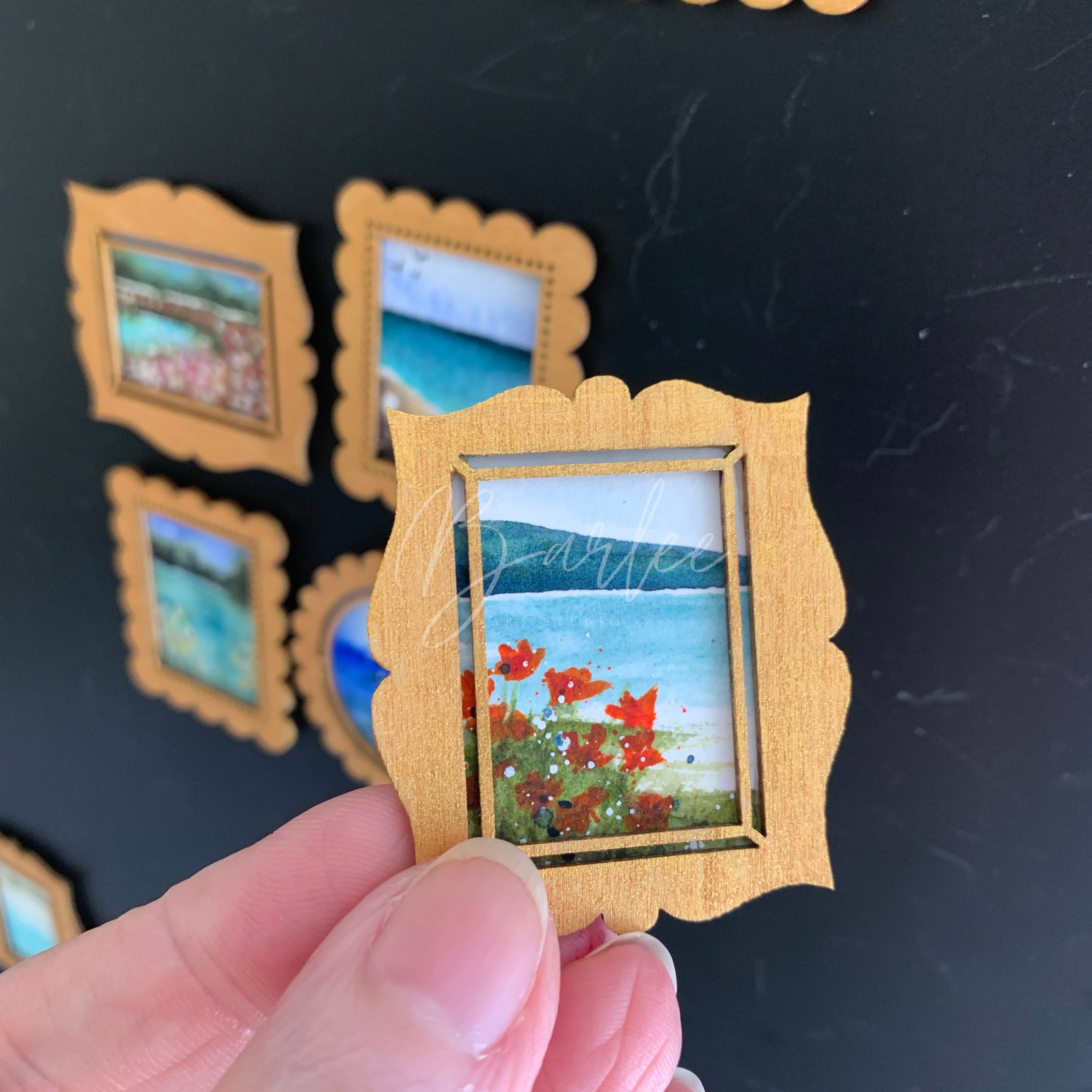 Hand Painted Fridge Magnet Set - 5 Framed Mini Paintings