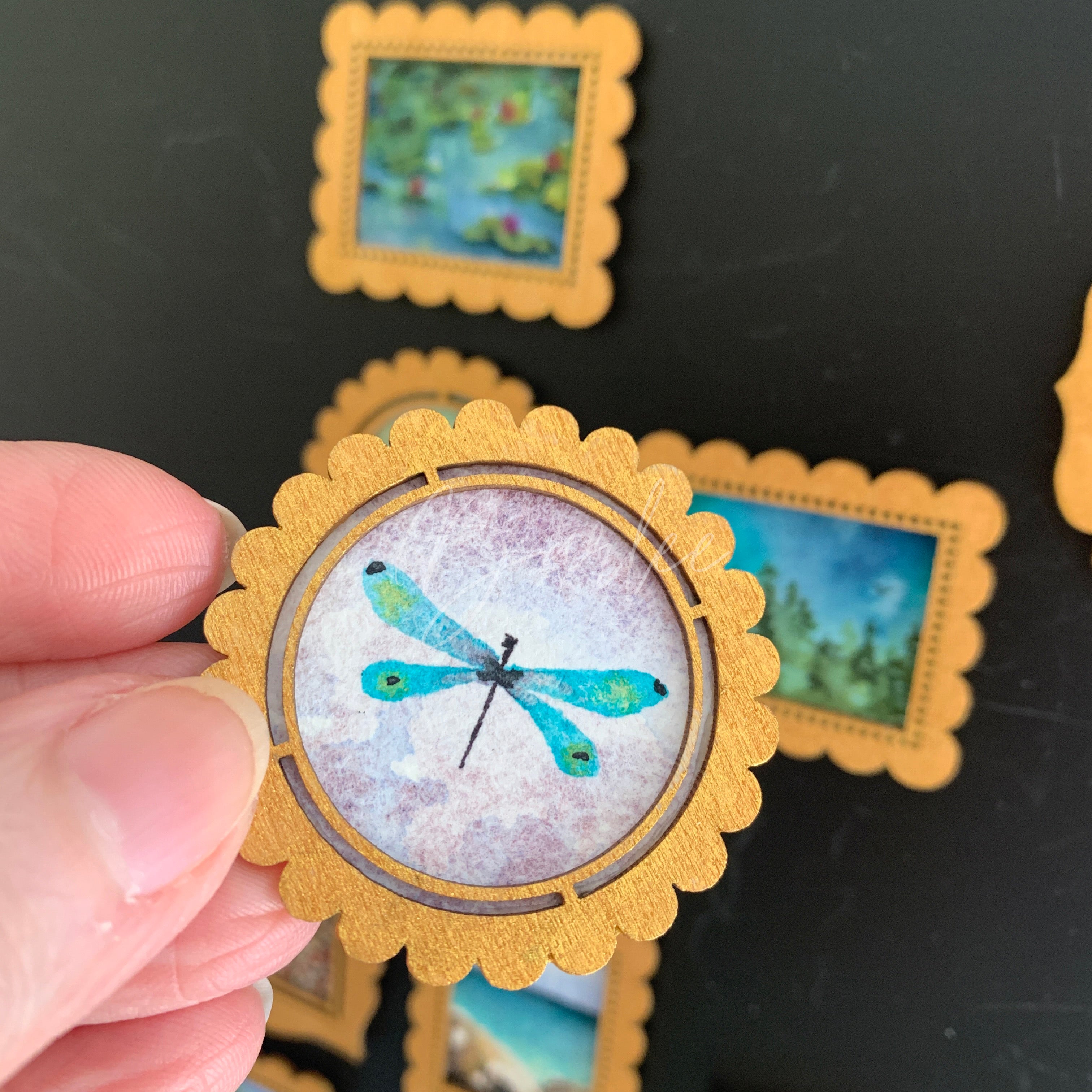 Hand Painted Fridge Magnet Set - 5 Framed Mini Paintings