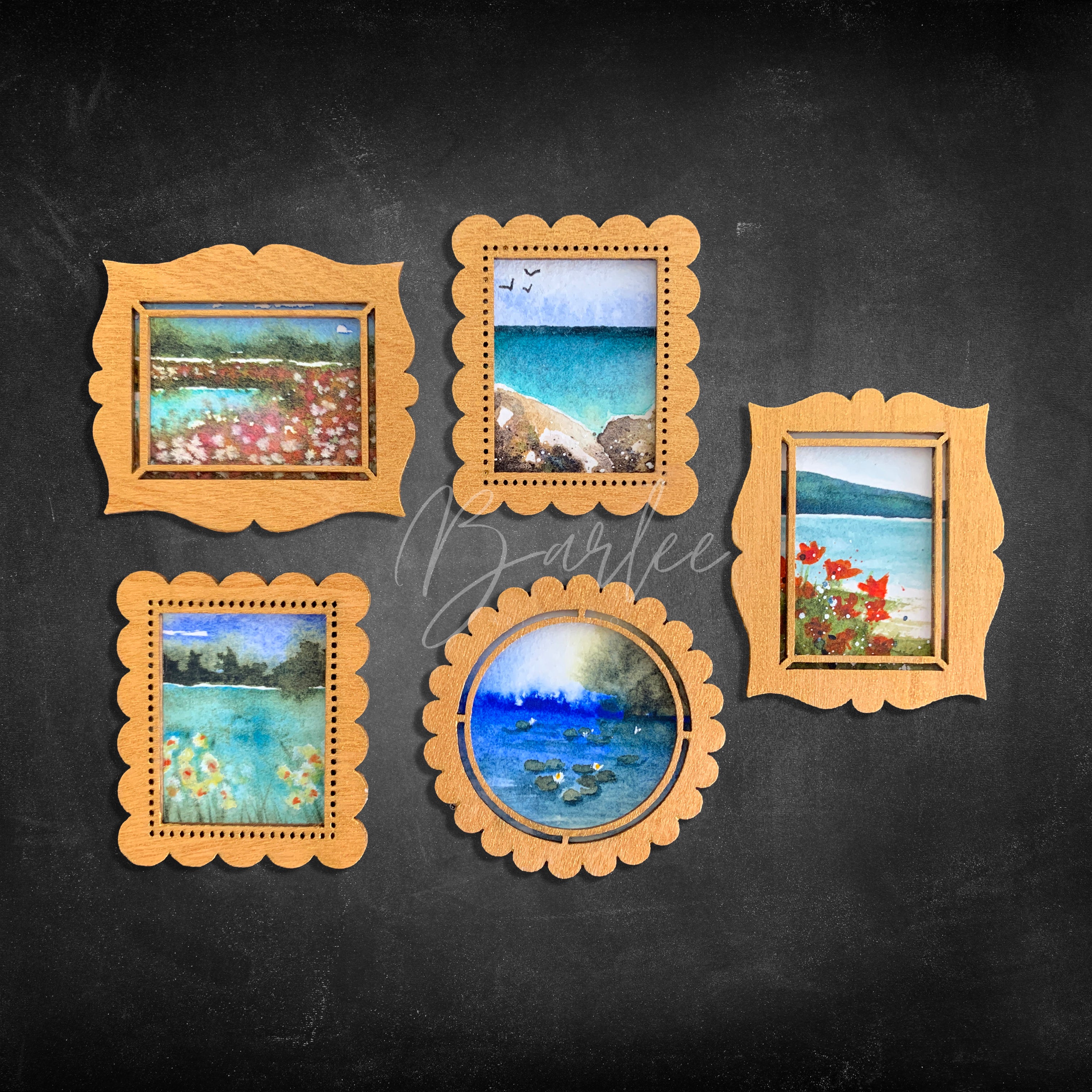 Hand Painted Fridge Magnet Set - 5 Framed Mini Paintings
