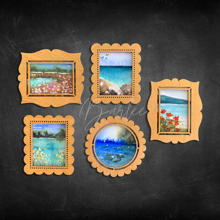 Hand Painted Fridge Magnet Set - 5 Framed Mini Paintings