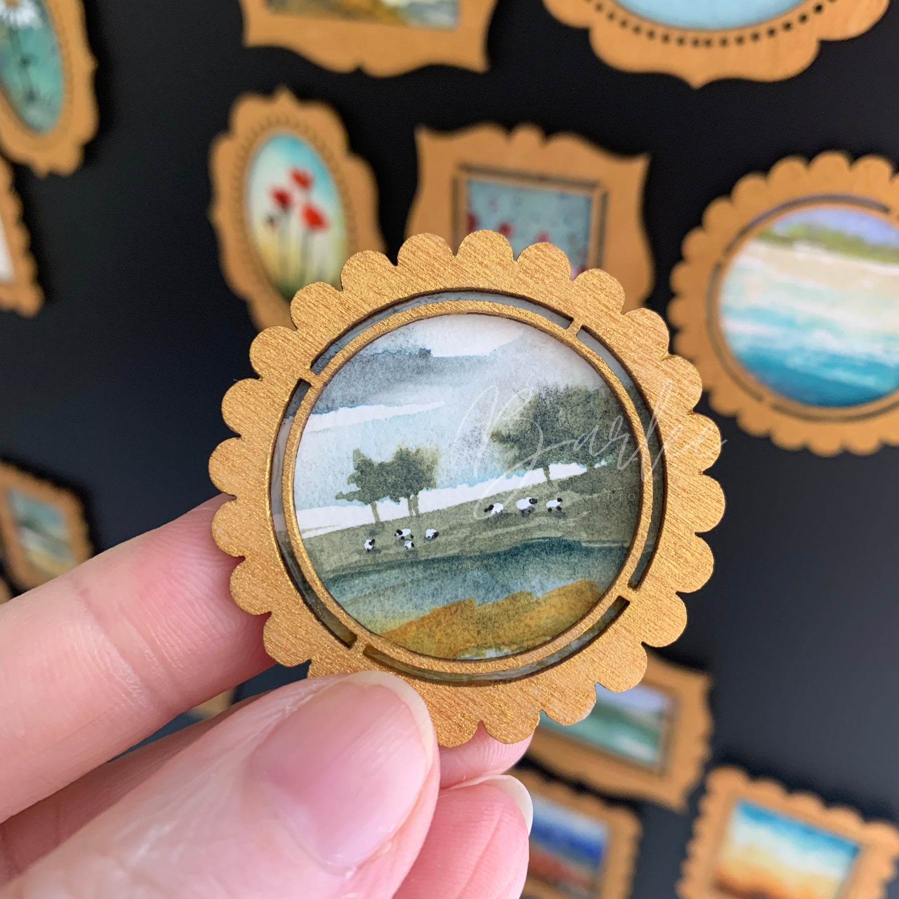 Hand Painted Fridge Magnet Set - 5 Framed Mini Paintings