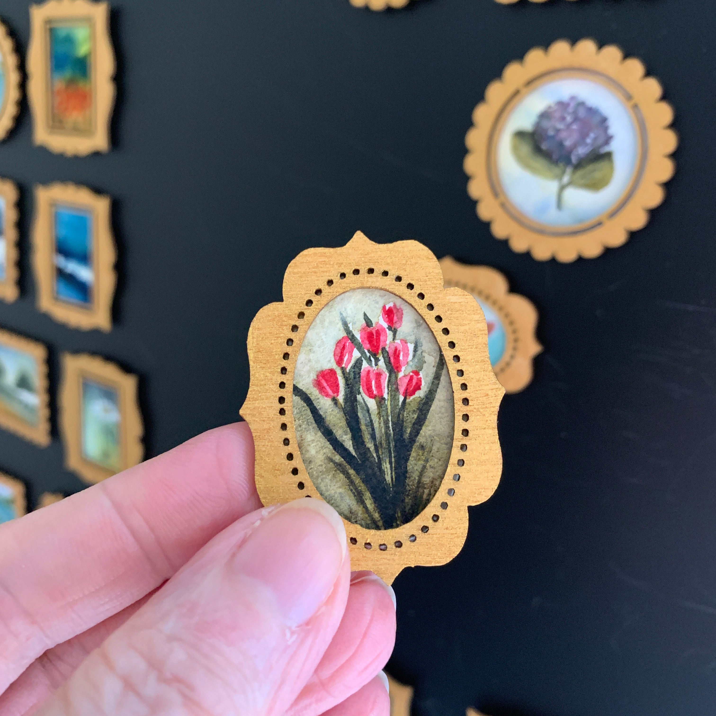 Hand Painted Fridge Magnet Set - 5 Framed Mini Paintings