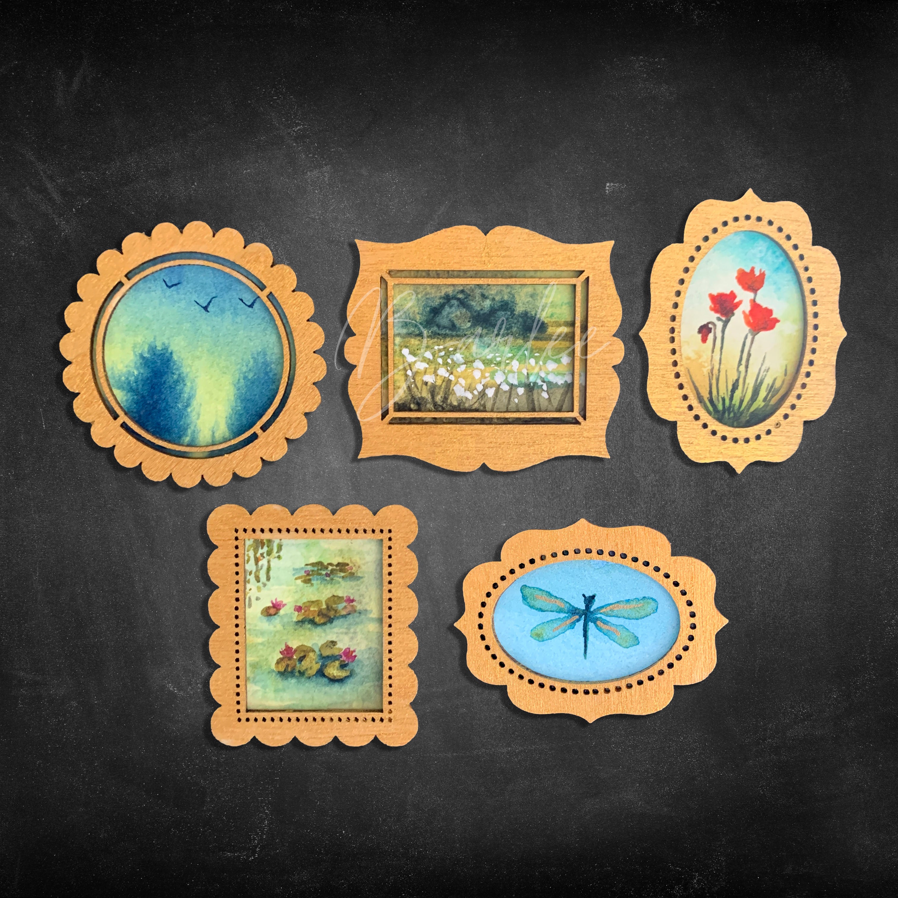 Hand Painted Fridge Magnet Set - 5 Framed Mini Paintings