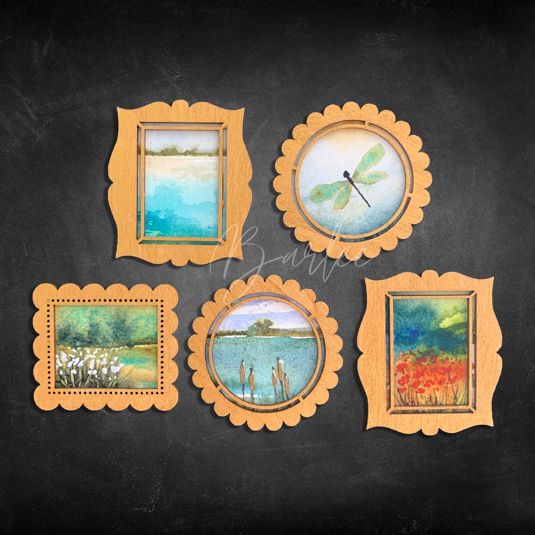 Hand Painted Fridge Magnet Set - 5 Framed Mini Paintings