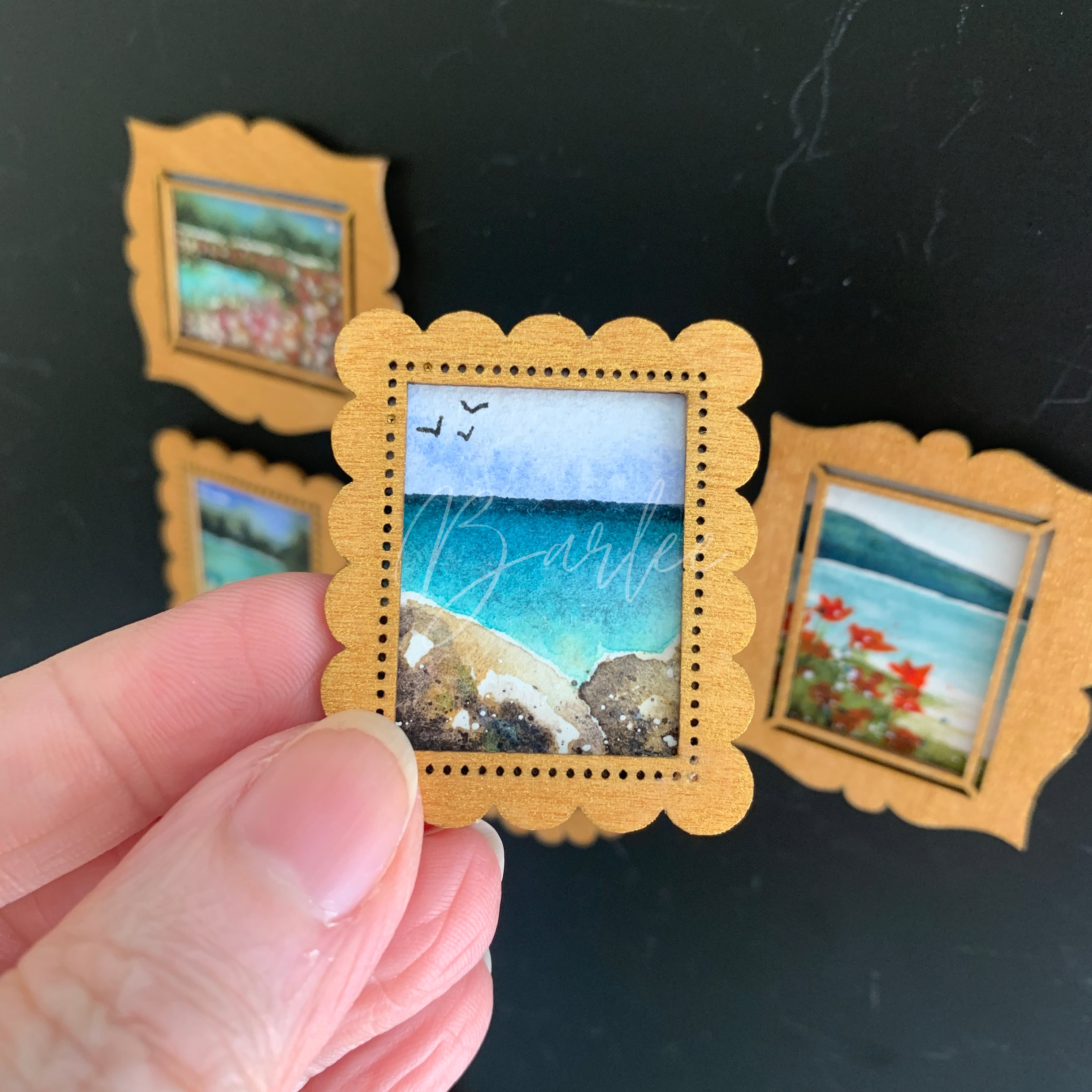 Hand Painted Fridge Magnet Set - 5 Framed Mini Paintings