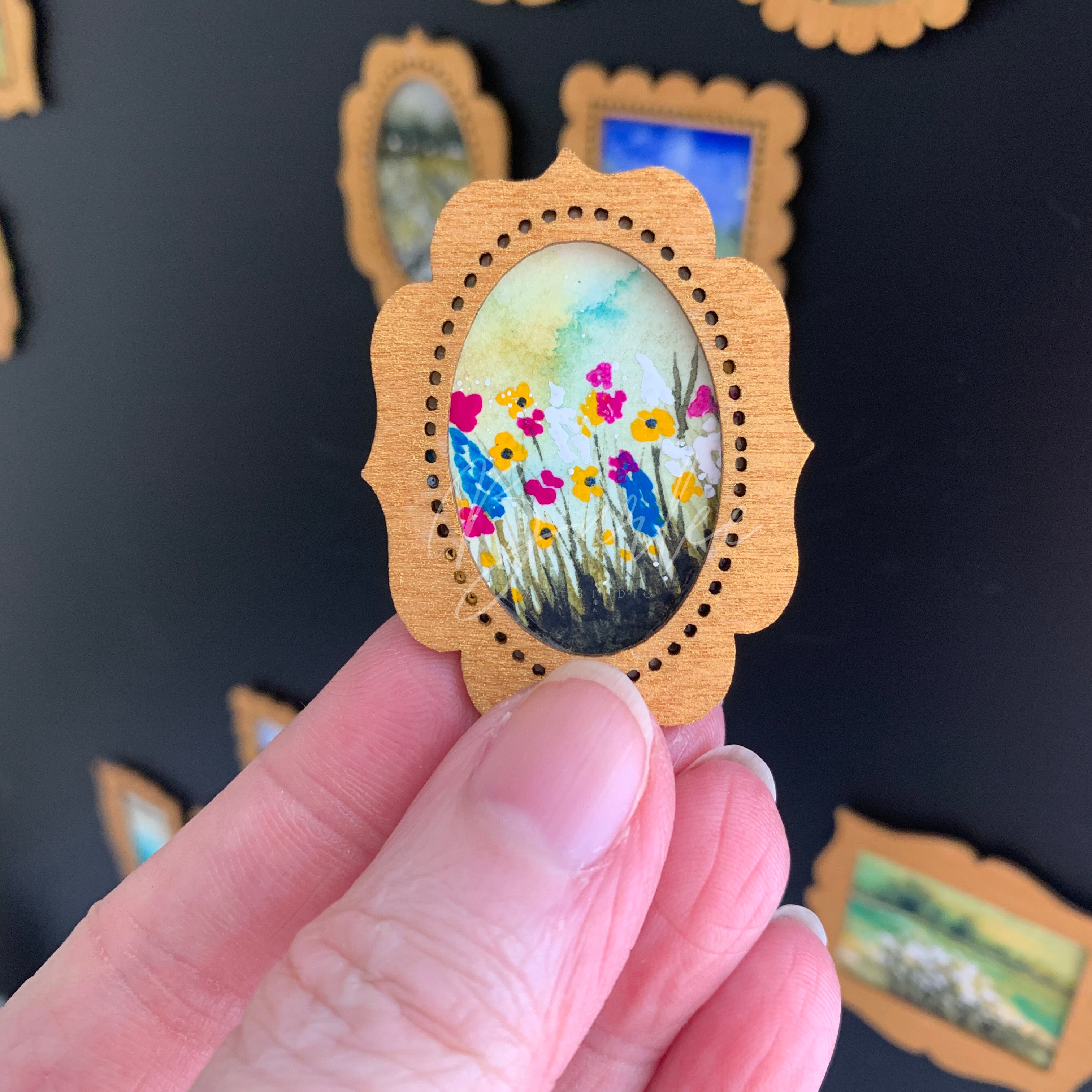 Hand Painted Fridge Magnet Set - 5 Framed Mini Paintings