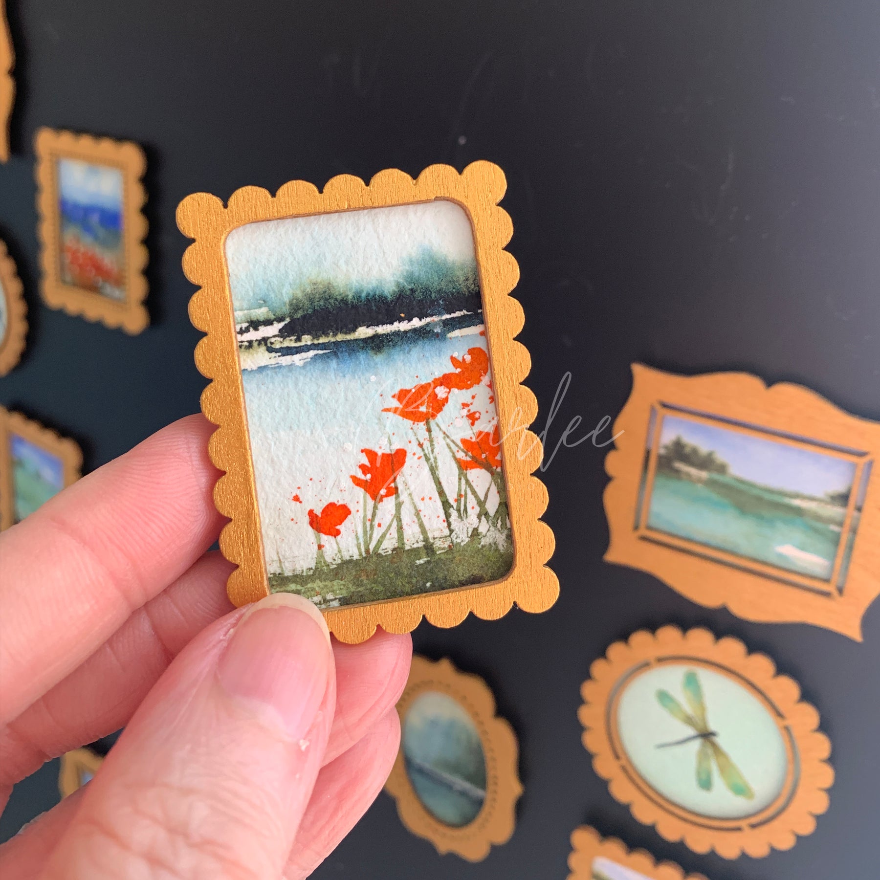 Hand Painted Fridge Magnet Set - 5 Framed Mini Paintings