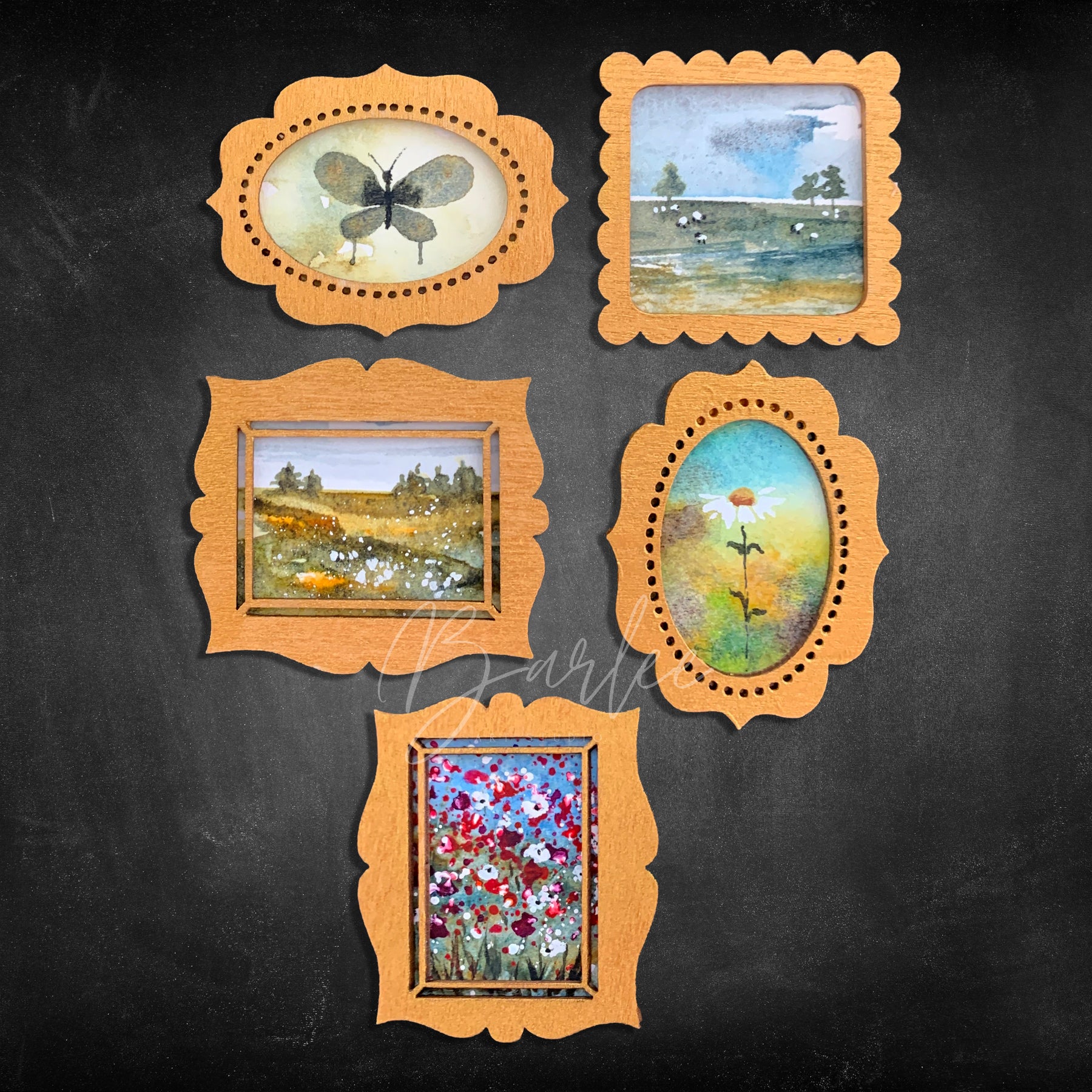 Hand Painted Fridge Magnet Set - 5 Framed Mini Paintings