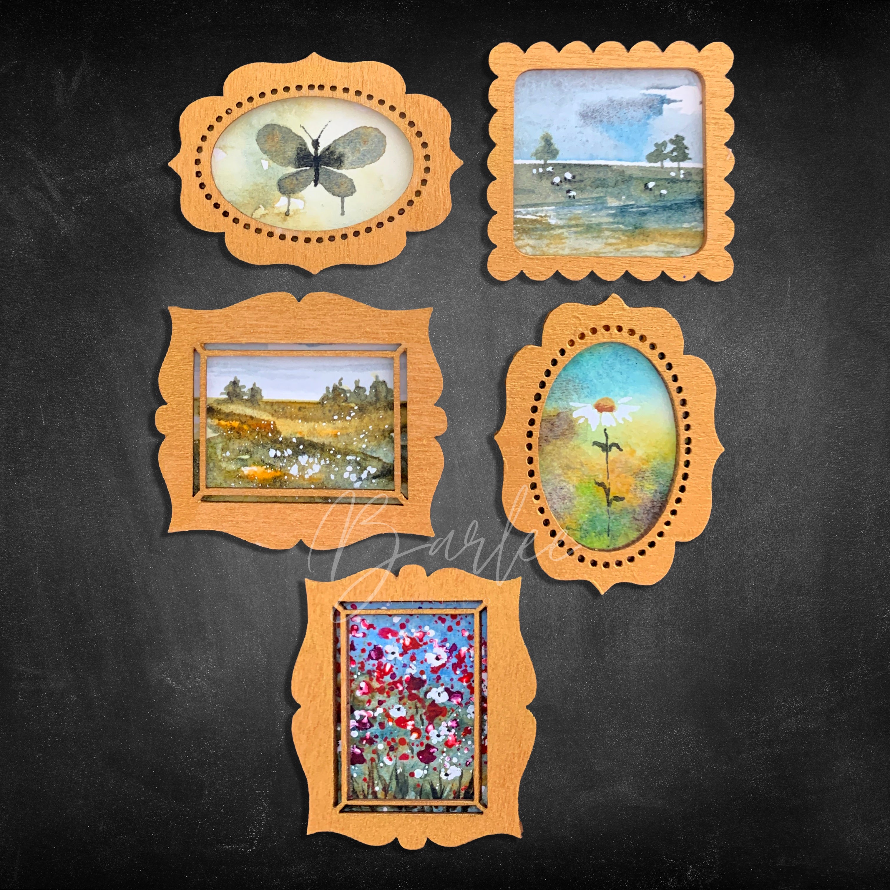 Hand Painted Fridge Magnet Set - 5 Framed Mini Paintings