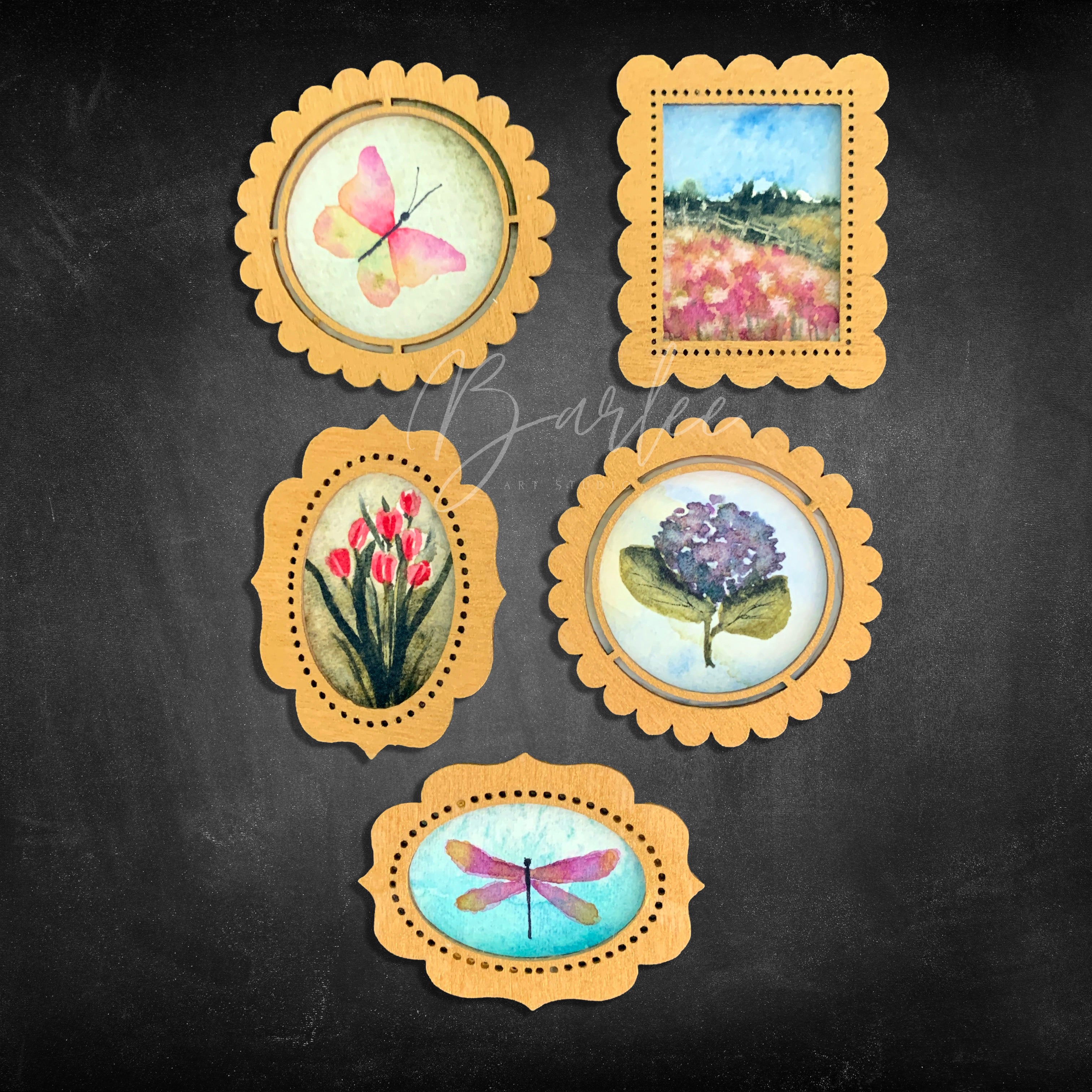 Hand Painted Fridge Magnet Set - 5 Framed Mini Paintings