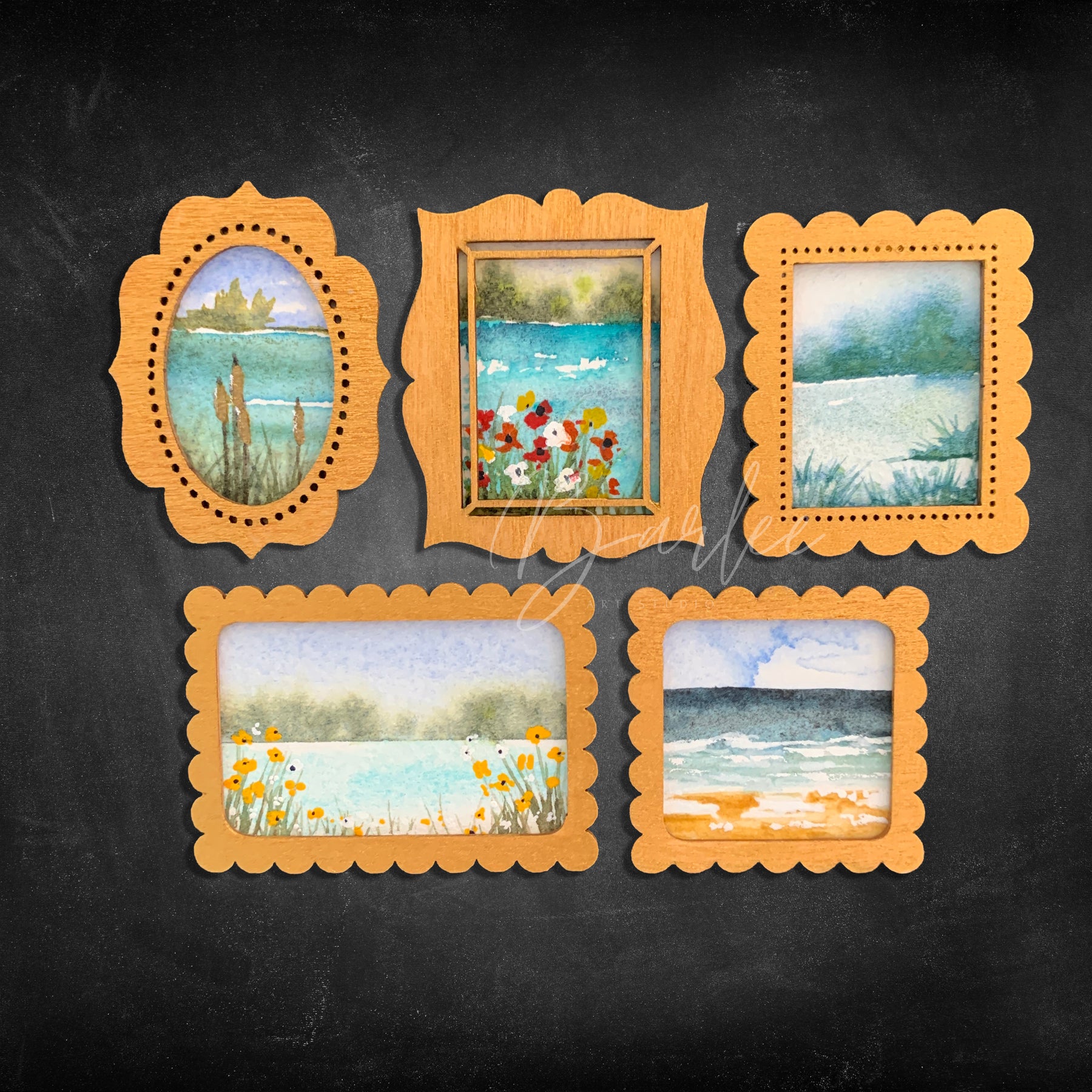 Hand Painted Fridge Magnet Set - 5 Framed Mini Paintings