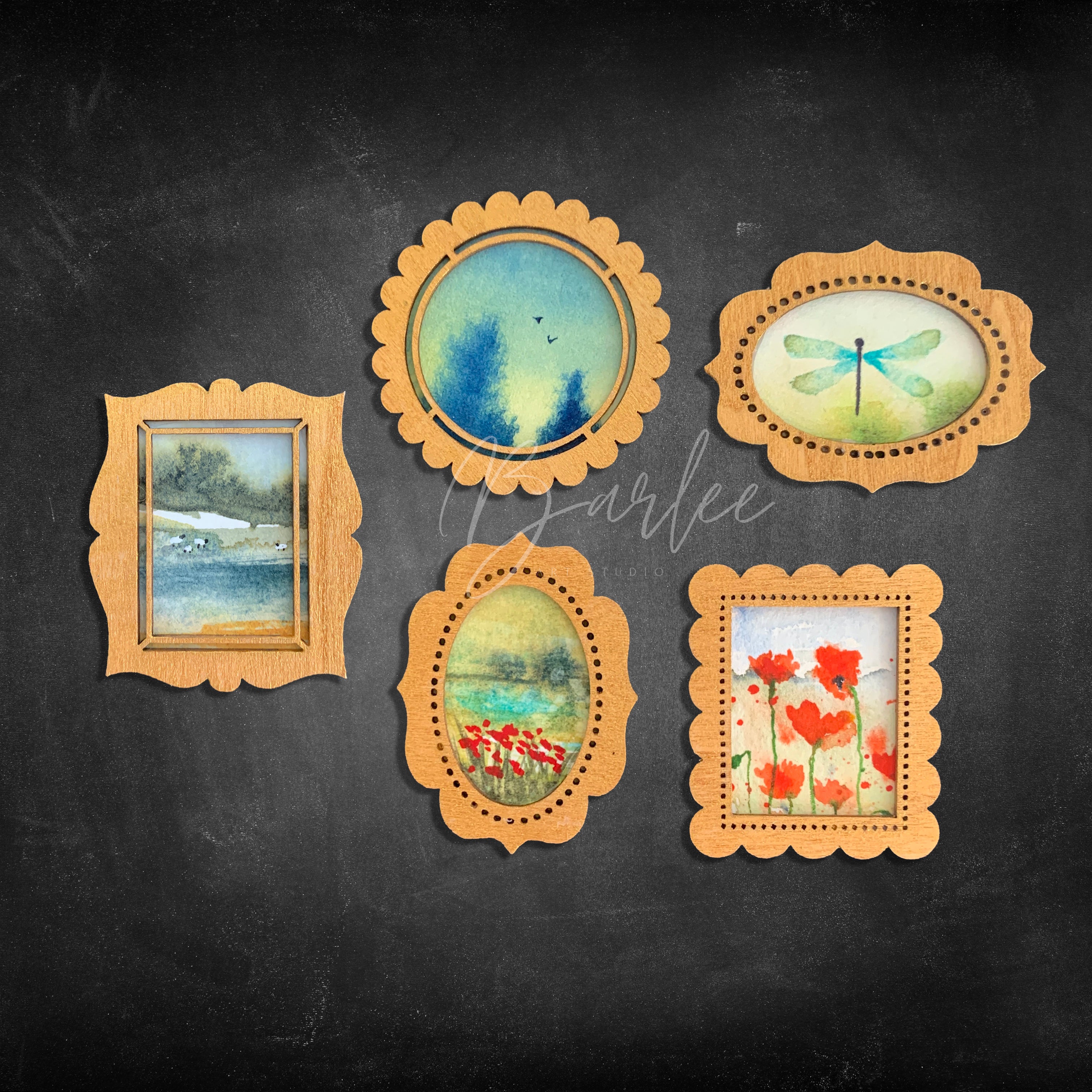 Hand Painted Fridge Magnet Set - 5 Framed Mini Paintings